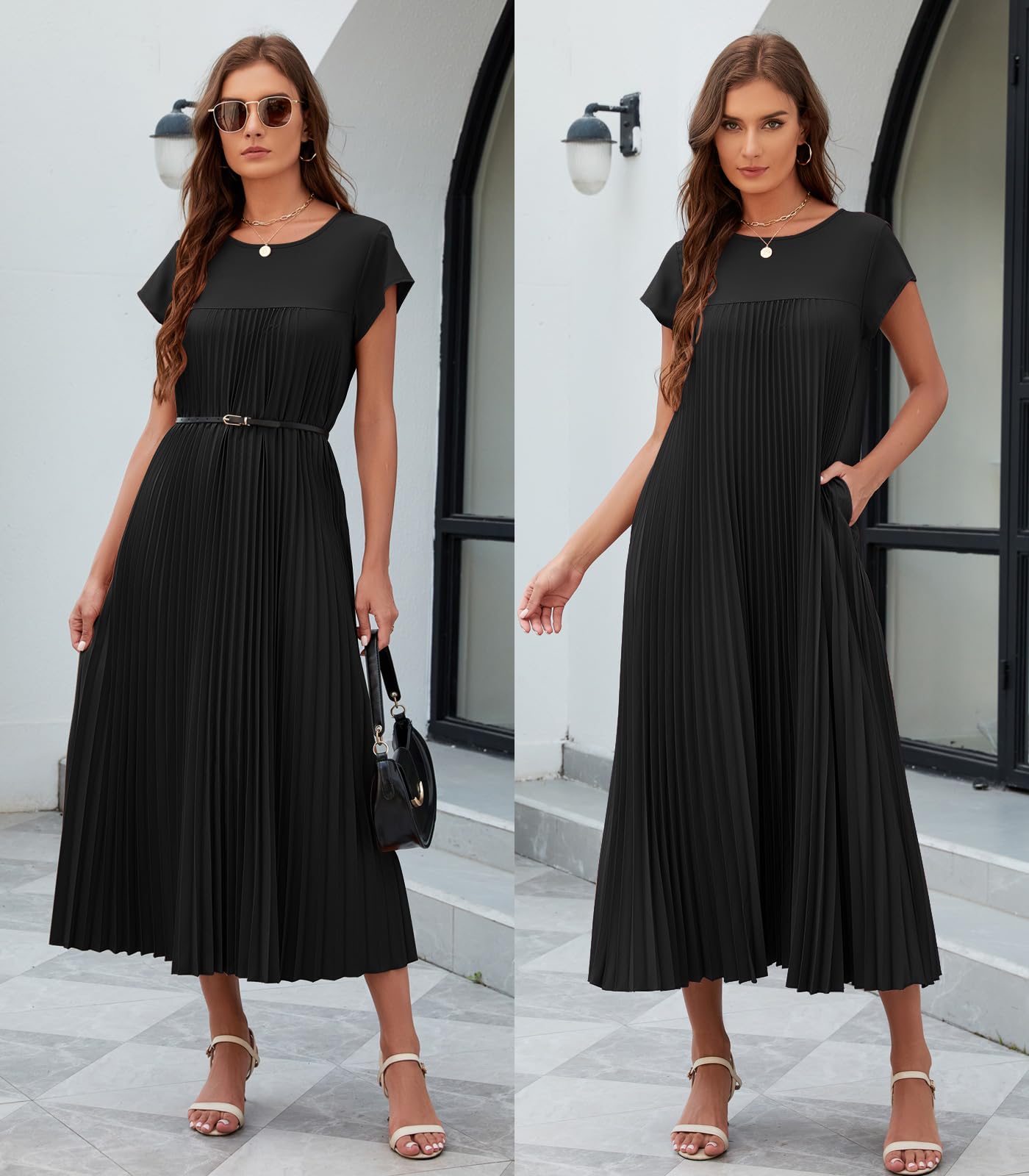 Adigaber Mujeres Largo Vestido Plisado Verano Casual Cuello Redondo Sólido Vestido con Bolsillos