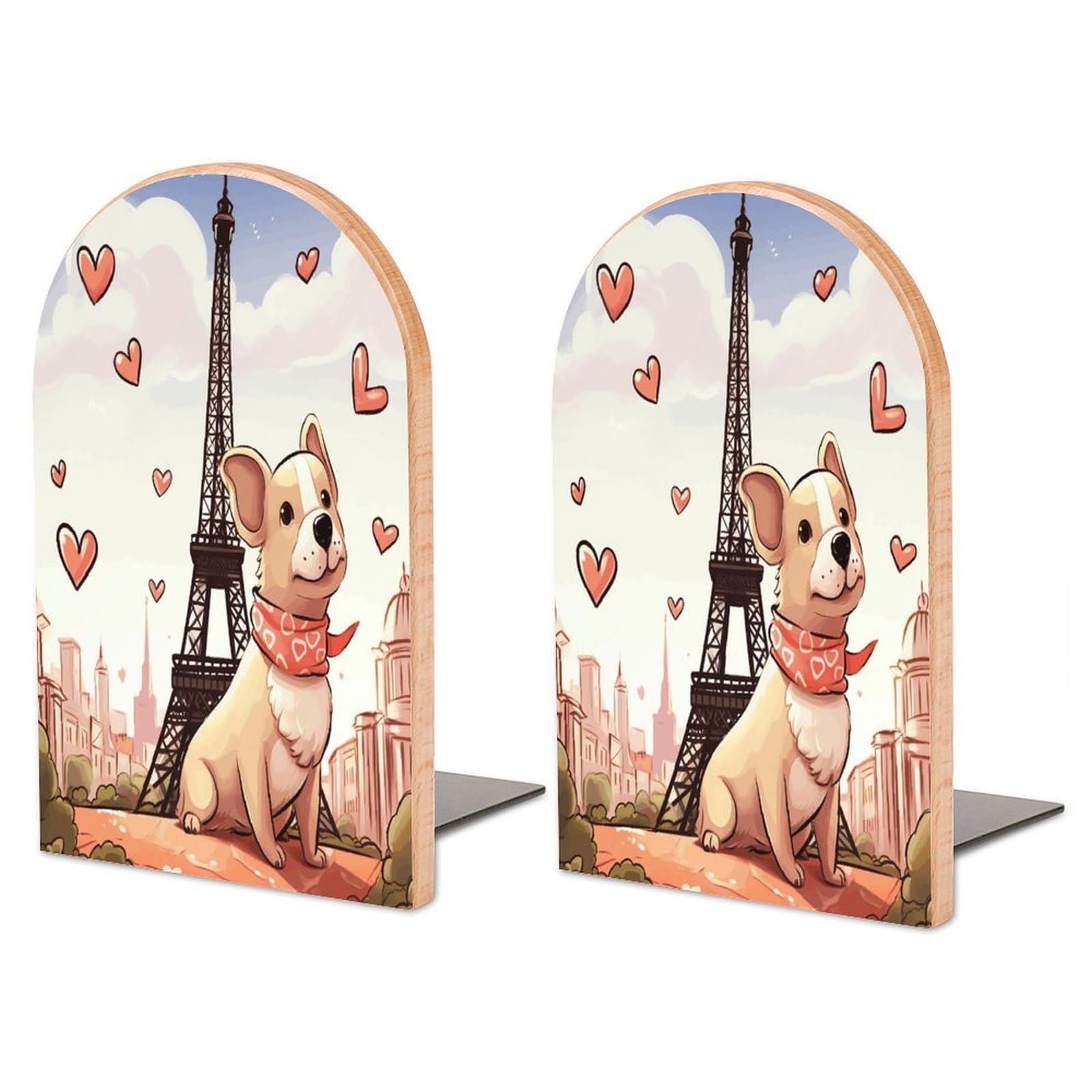 Dog and Eiffel Tower Bookend for Shelves Wooden Book End Large Size Sturdy Book Holders Stoppers with Metal Base for Bookshelves Slick Decorative Bookends Stands