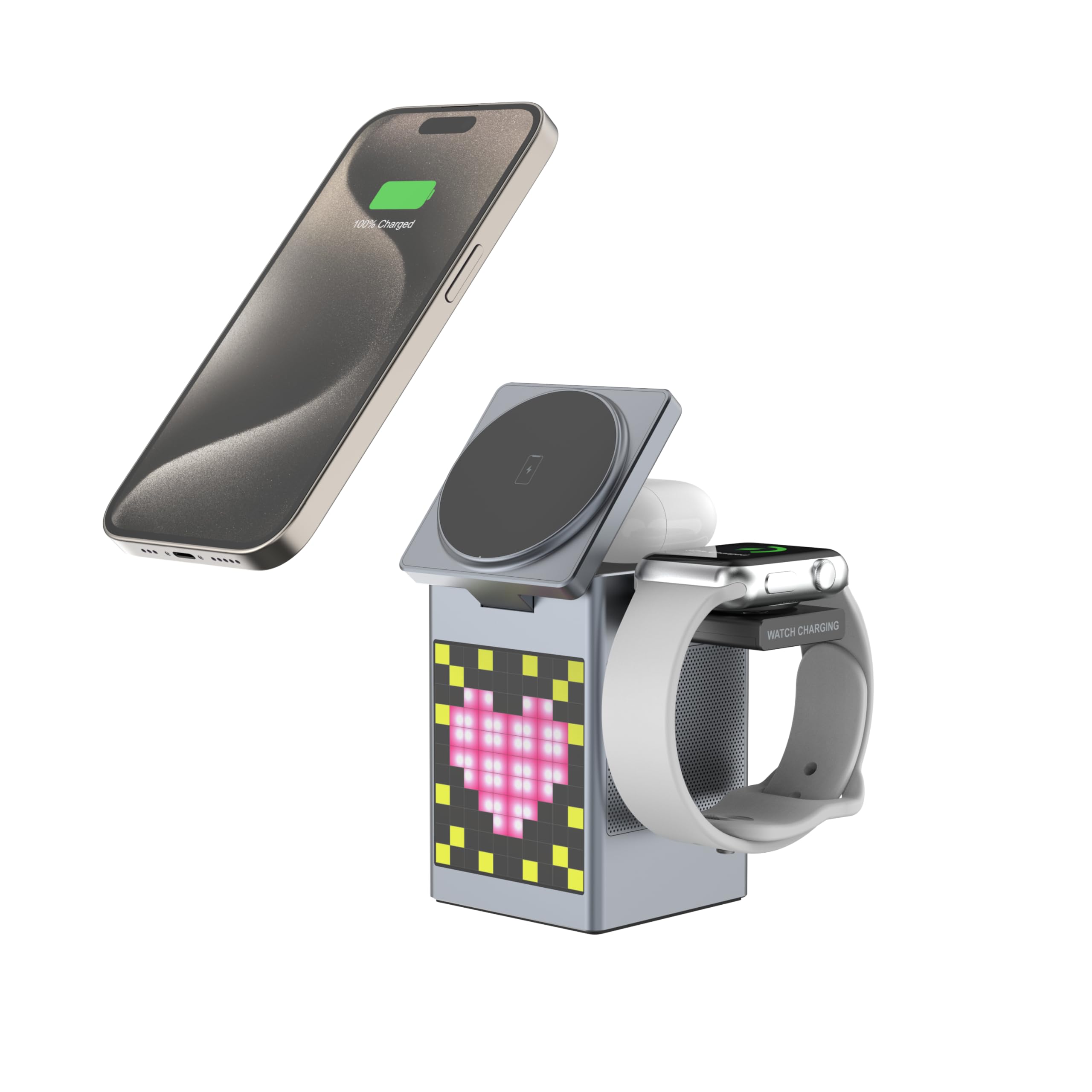 Chargeur à Induction 3 en 1 sans Fil, Station de Charge sans Fil Rapide avec Enceinte Bluetooth, Réveil, écran Pixel, Chargeur Induction Portable pour téléphone iWatch