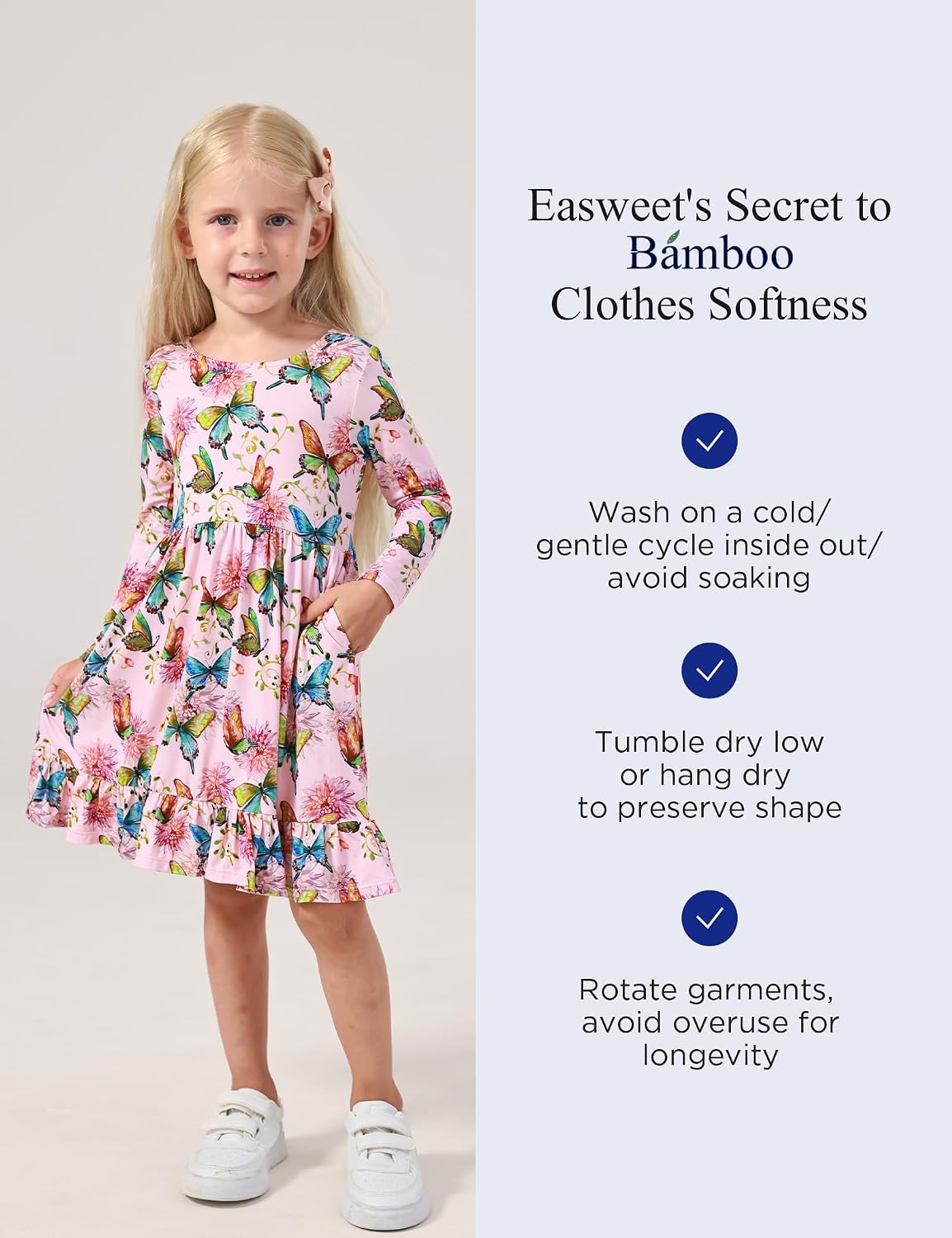 Bamboo Viscose Girls' Dresses Long Sleeve Toddler and Little Kids Twirl Dress