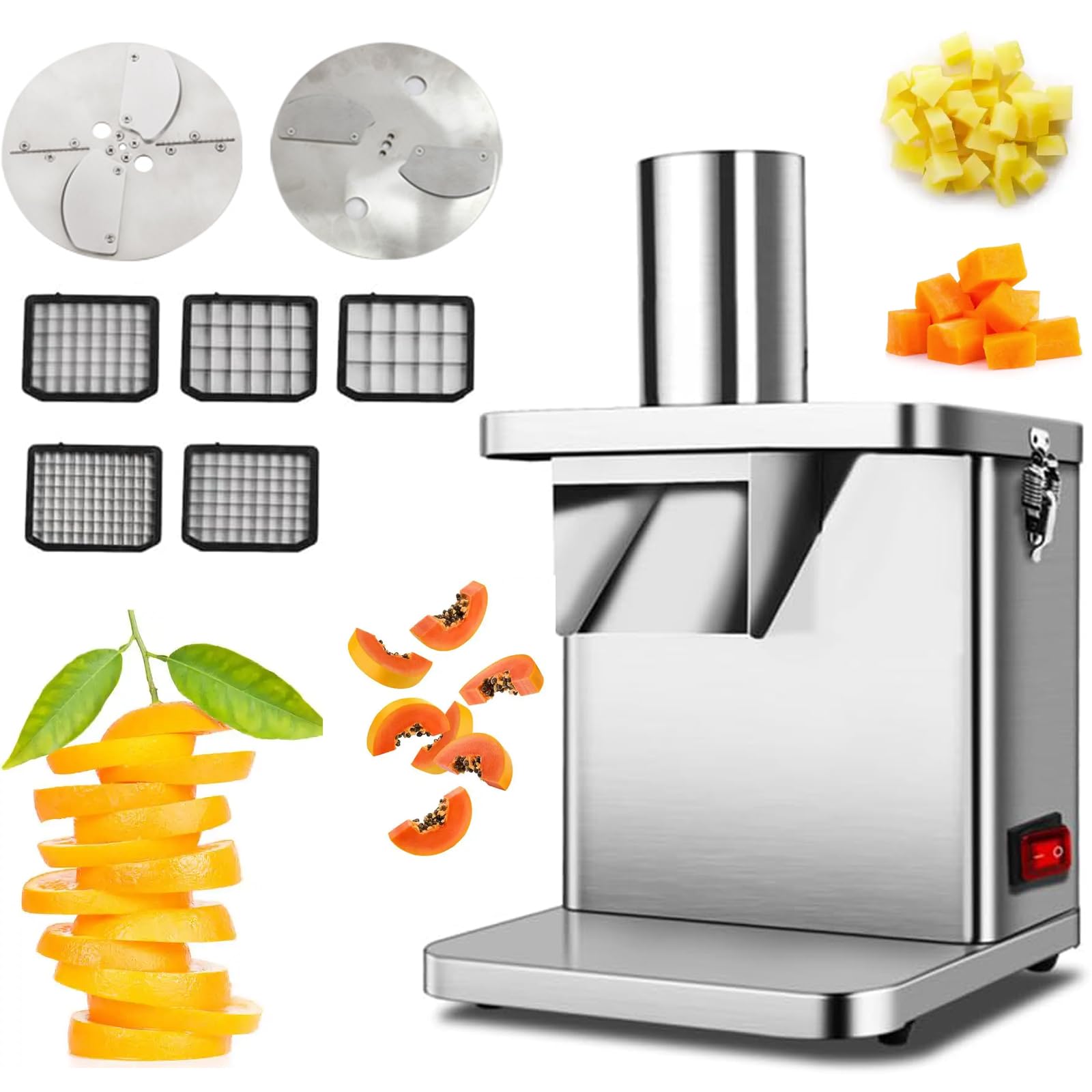 GTHTUHFD Commercial Vegetable Cube Cutting Machine, Heavy Duty Electric Slicer Dicer Chopper, 5 Dicing Sizes For Food Preparation,Slice + Shred