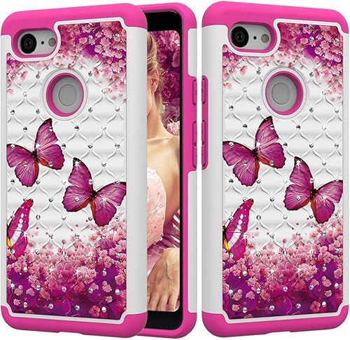 JEFENCOP handyhA lle fA r Google Pixel HA lle Dual Layer SchutzhA lle gemaltes Muster Strasssteine Hybrid Silikon InnengehA use harte AuAYenhA lle fA r Google Pixel  Roter Schmetterling 