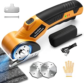 Cordless Cardboard Cutter, 3000mAh Electric Scissors with 2 Blades, Rechargeable Box Cutter with LED Light & Safety Lock, 300 RPM, 4V Power Rotary Scissors for Fabric, Carpet, Leather and Plastic