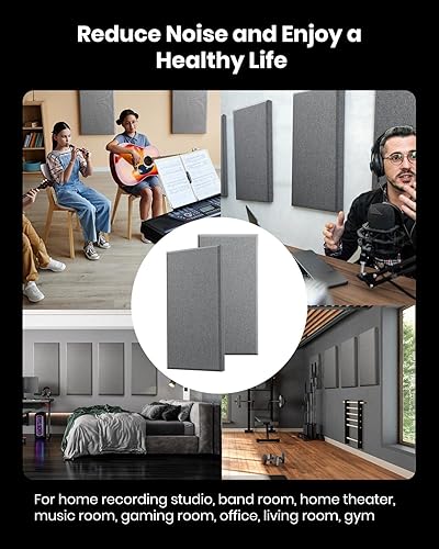 Miniatura 3 de Moukey Paneles acústicos, 4 unidades, paneles de pared de fibra de vidrio de 2.4 pulgadas de grosor, 24 x 12 pulgadas, paneles autoadhesivos de