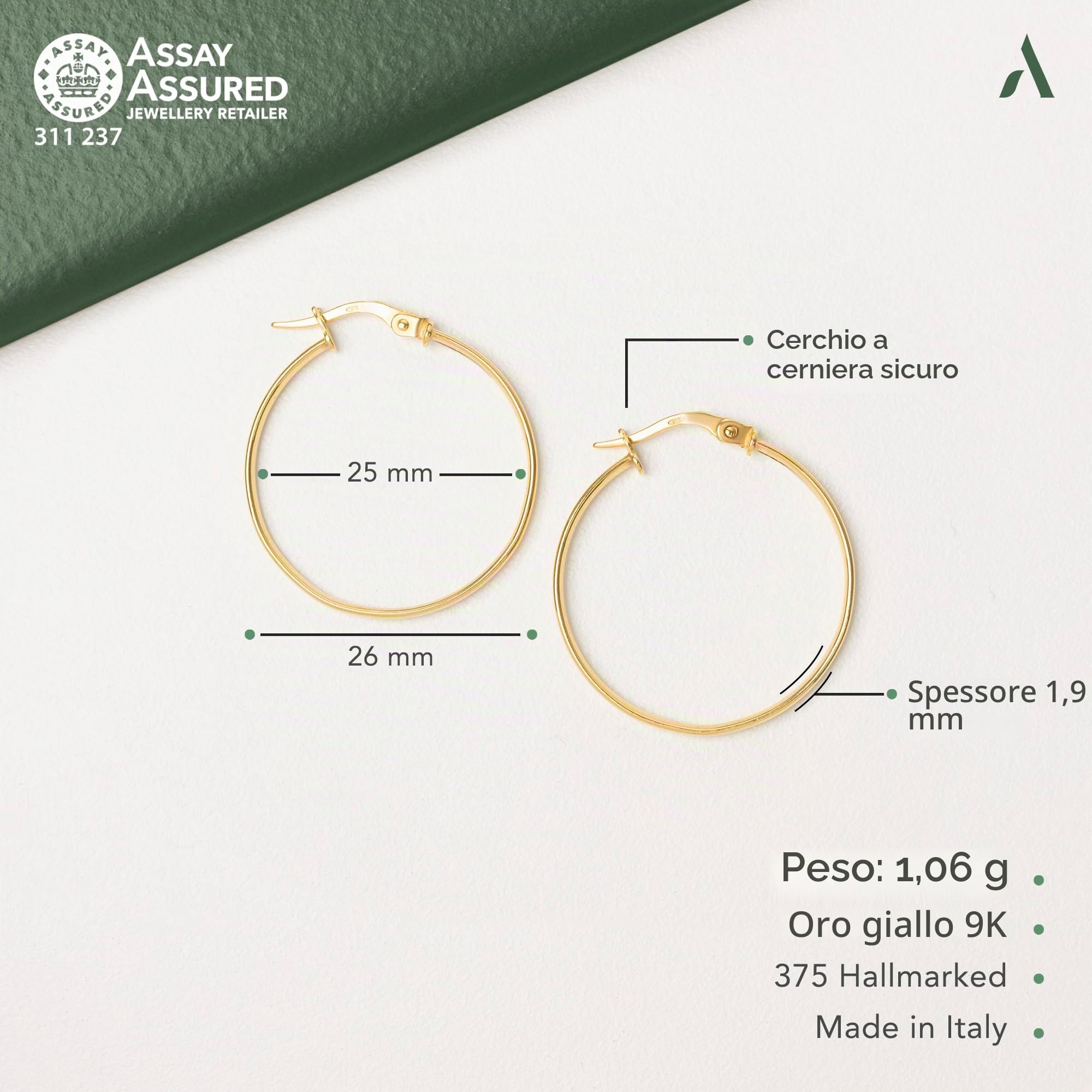 Amberta Orecchini a Cerchio in Oro Massiccio 9kt 14kt da Donna, Cerchietti Piccoli Sottili Lisci Classici, Cerchi in Oro 9 14 carati 10,15, 20, 25 mm Made in Italy
