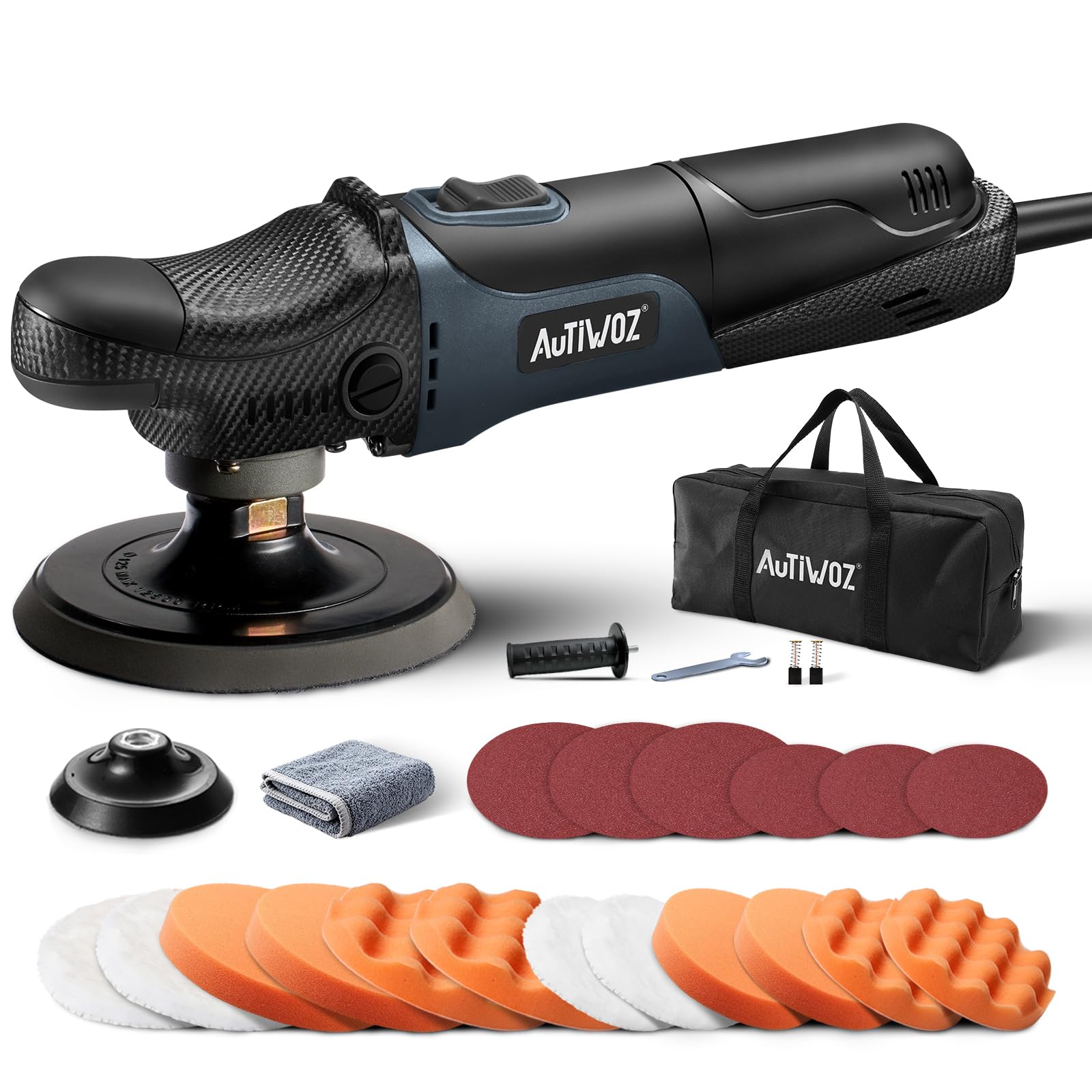 AUTIWOZ Mini Pulidora Automotriz de 630W, 6 Velocidades Variables 2500-4500 rpm, Asa Lateral, Almohadillas/Disco de Lana/Papel Abrasivo de 100mm/125mm, para Pulido de Vehículos