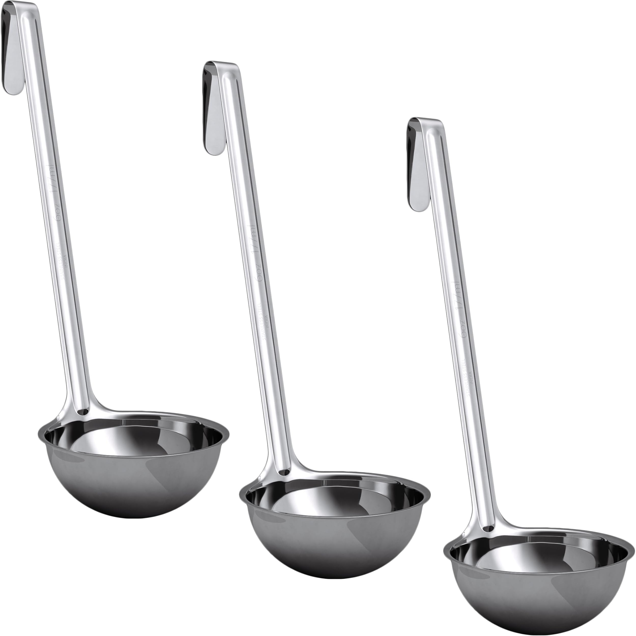 Cucharón de sopa súper resistente y ergonómico de 6 onzas, paquete de 3. Cucharones de acero inoxidable con asas largas. Los mejores accesorios de cocina para agitar, porciones y servir sopas, chile y