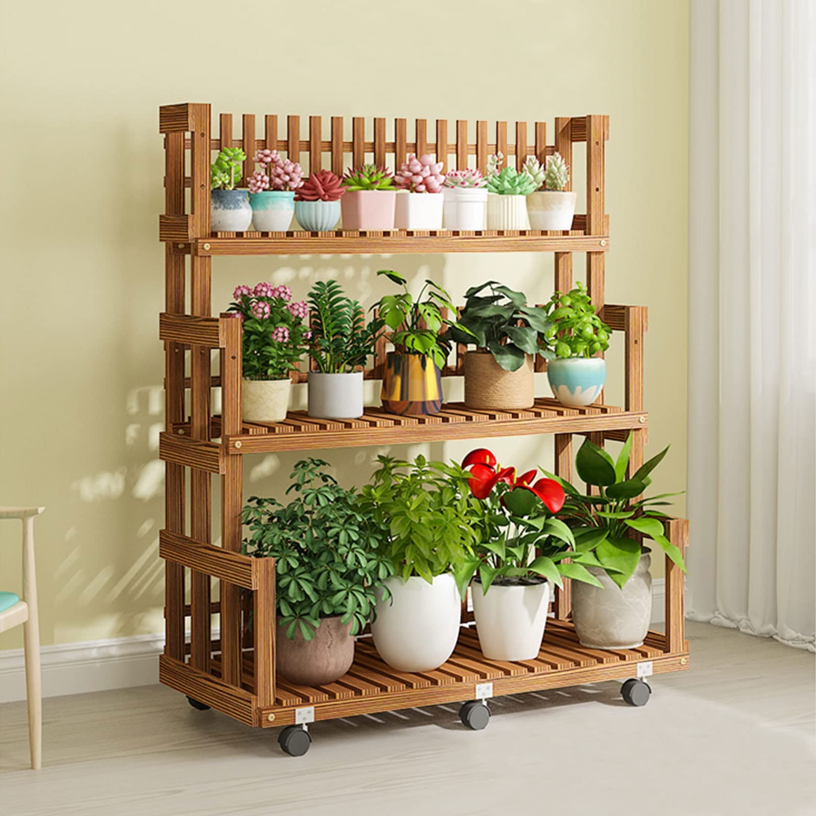 XJHOME Pflanzentreppe Holz Blumenständer mit Rollen Pflanzenregal Blumenregal Balkon Blumentreppe Holz Blumenbank mehrstöckig Holzregal Regals: