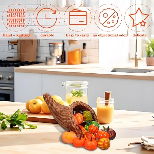 Vista 7 de HOMSFOU Cornucopia - Cestas de cuerno de imitación de vid de otoño, frutas de Acción de Gracias, cesta de cornucopia, bocina de pan para centro
