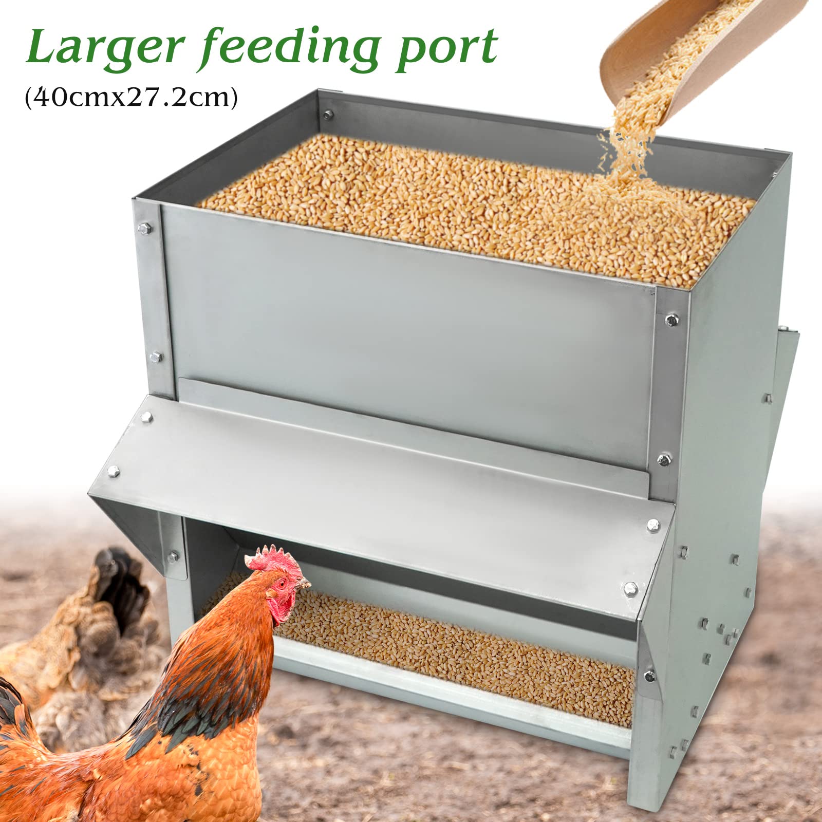 Grande Comedero Gallinas 25KG Dispensador De Pienso, Comedero Gallinas Exterior De Acero Inoxidable, Accesorios para Gallinero