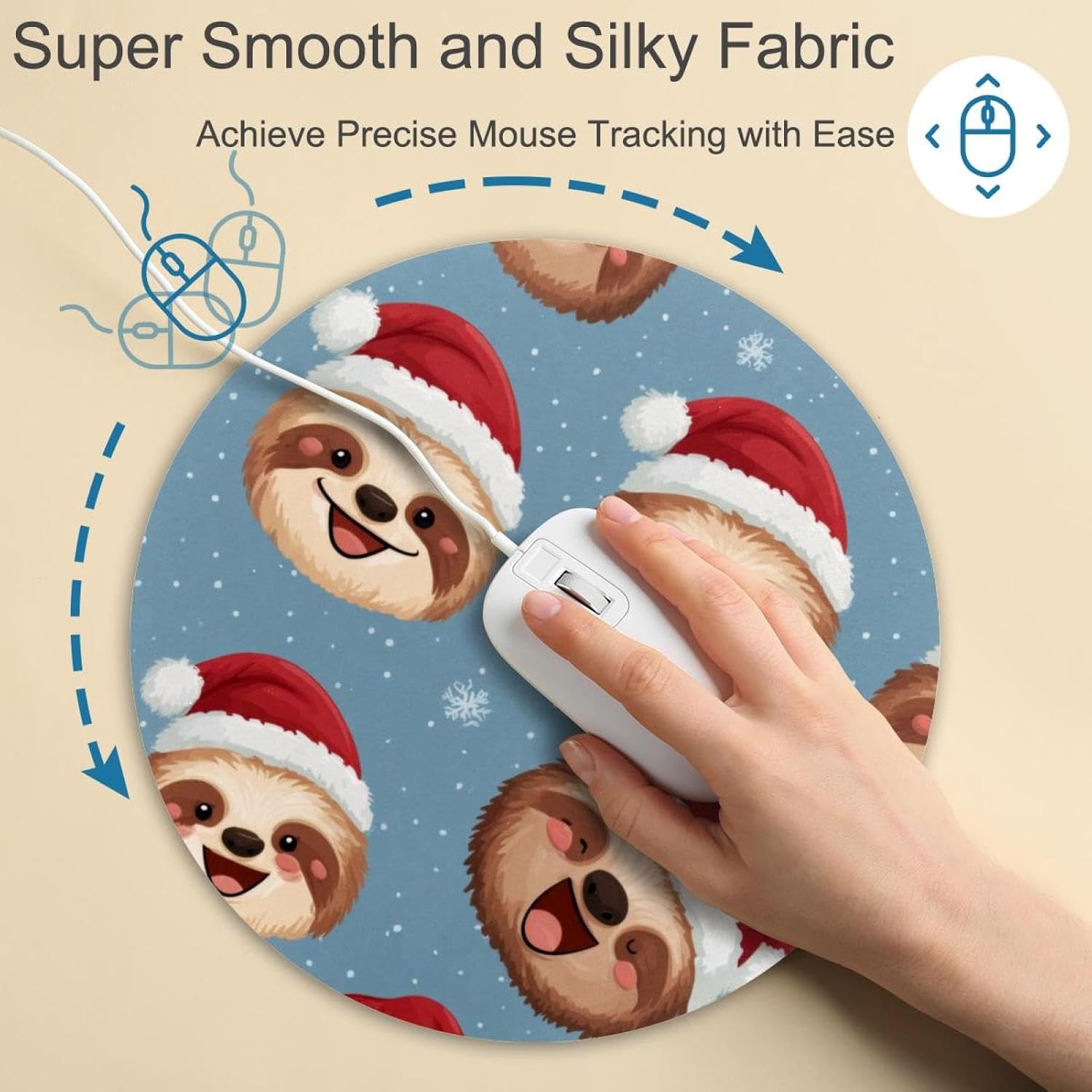 Round Mouse Pad for Women Men, 10’’ Round Desk Pad Mousepad Non-Slip Rubber Base, Office Home Laptop Accessories, Cute Seamless Sloth in Santa's Hat image 4