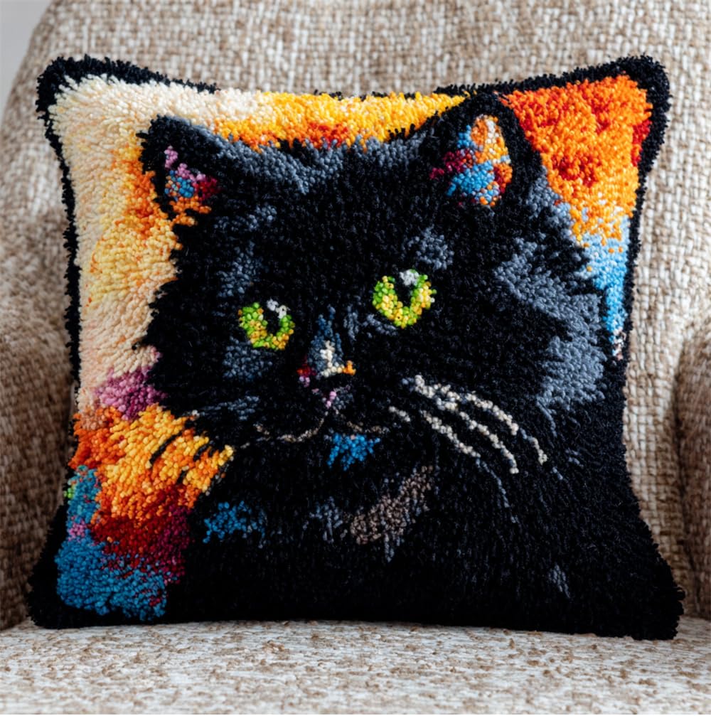 Rqwybcaxn DIY Latch Hook Kit Black Cat 3D Pillow Materials Package Embroidery Kits Cross Stitch Sofa Cushion Cover with Hook Tool Fit for Kids and Adults 17X17Inch