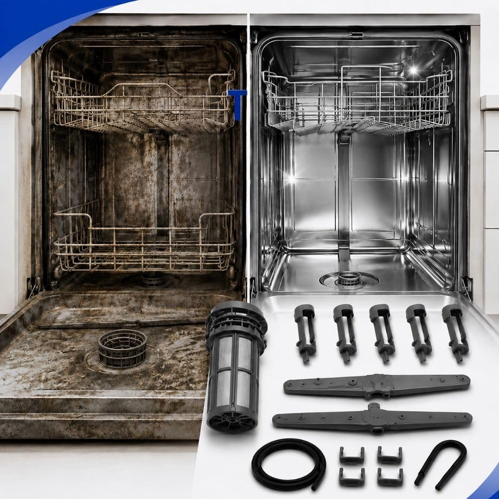 Kit d'entretien pour lave-vaisselle compatible avec les lave-vaisselle Beko & Blomberg – Bras de pulvérisation supérieur et inférieur, filtre, joints de porte, embouts de rail de panier – Service