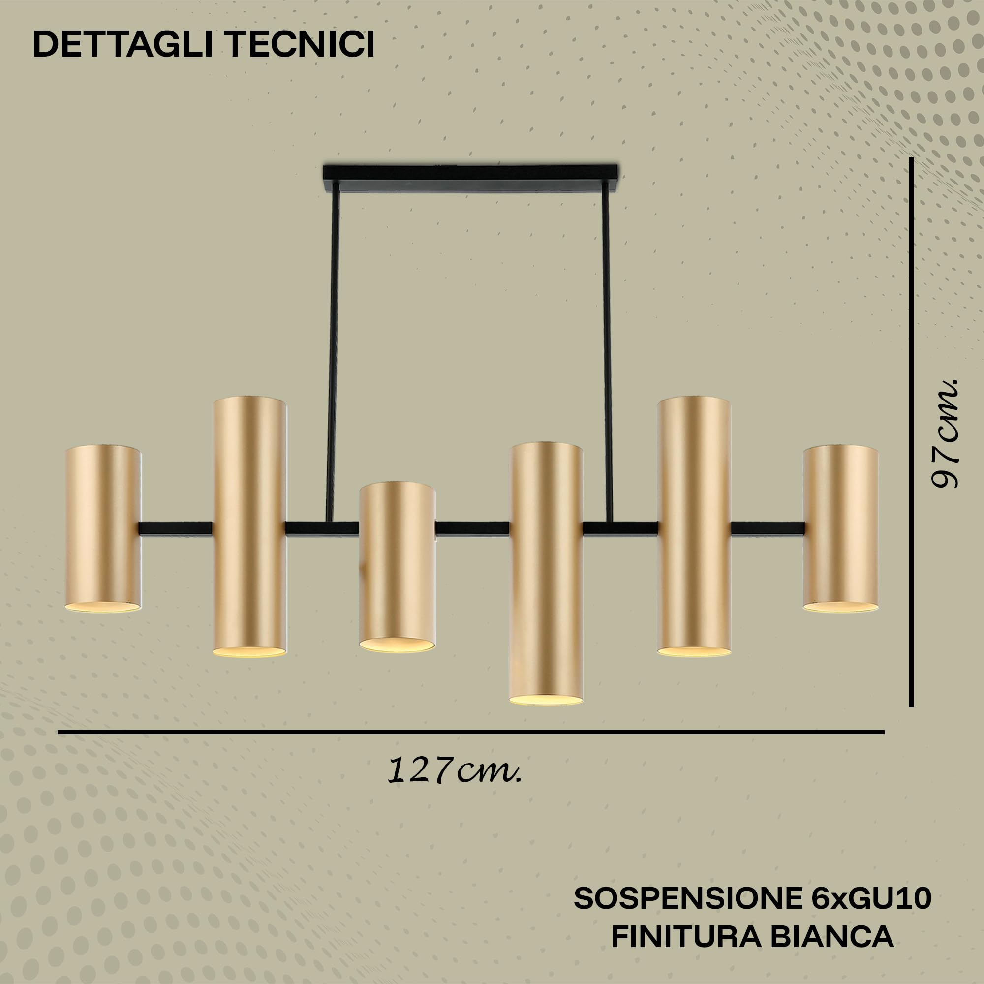 LEOLUX Metropolis – Lampadario Moderno a Sospensione 6 Luci – Design Architettonico a Cilindri – LED GU10 – Finitura Oro – Lampada da Soffitto per Soggiorno, Cucina e Sala da Pranzo