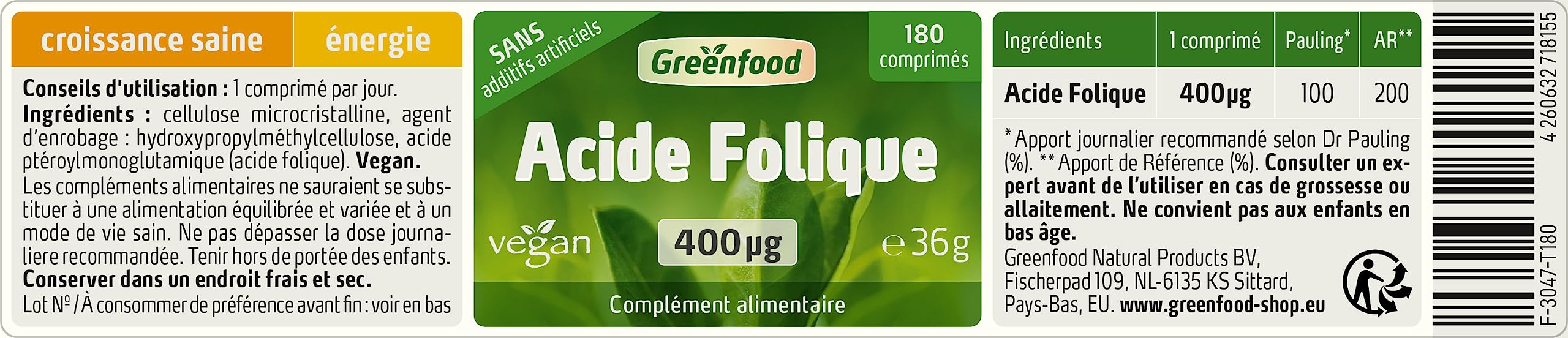 Greenfood Acide folique, 400 μg,180 comprimés, doses élevées, comprimés, vegan - pour la croissance des tissus maternels pendant la grossesse et pour. SANS additifs artificiels. Sans OGM.