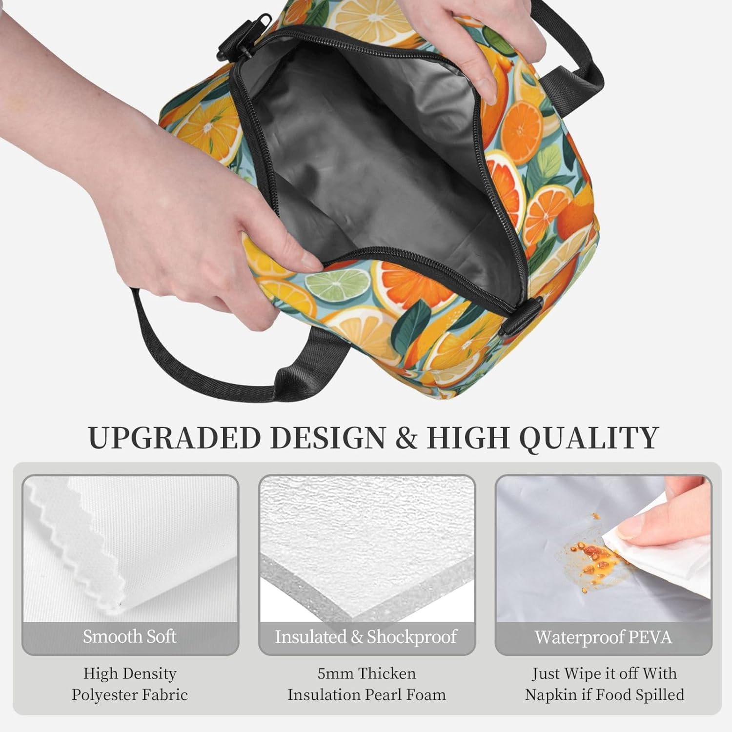 citrus fruit pattern Print Reusable Lunch Bag Insulated Lunch Boxes for Office Work Picnic Tote Bag Adjustable