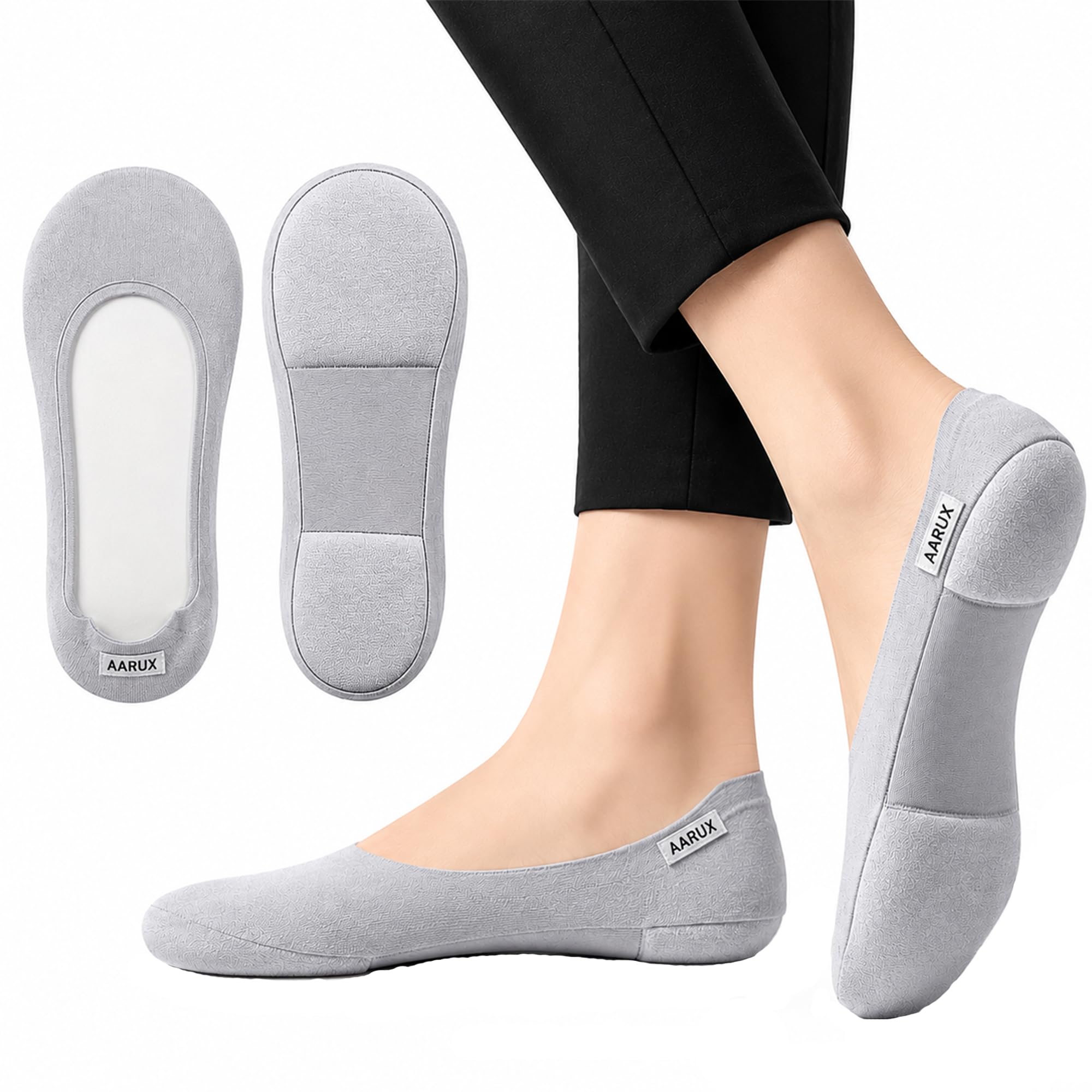 Women's Invisible No Show Socks with Cushioned Sole | Breathable Cotton Anti-Slip Low Cut Loafer Socks | Soft Cushion Padding | Non-Slip Silicone Heel Grip | Invisible Liner Socks for Women (Grey)-image-45