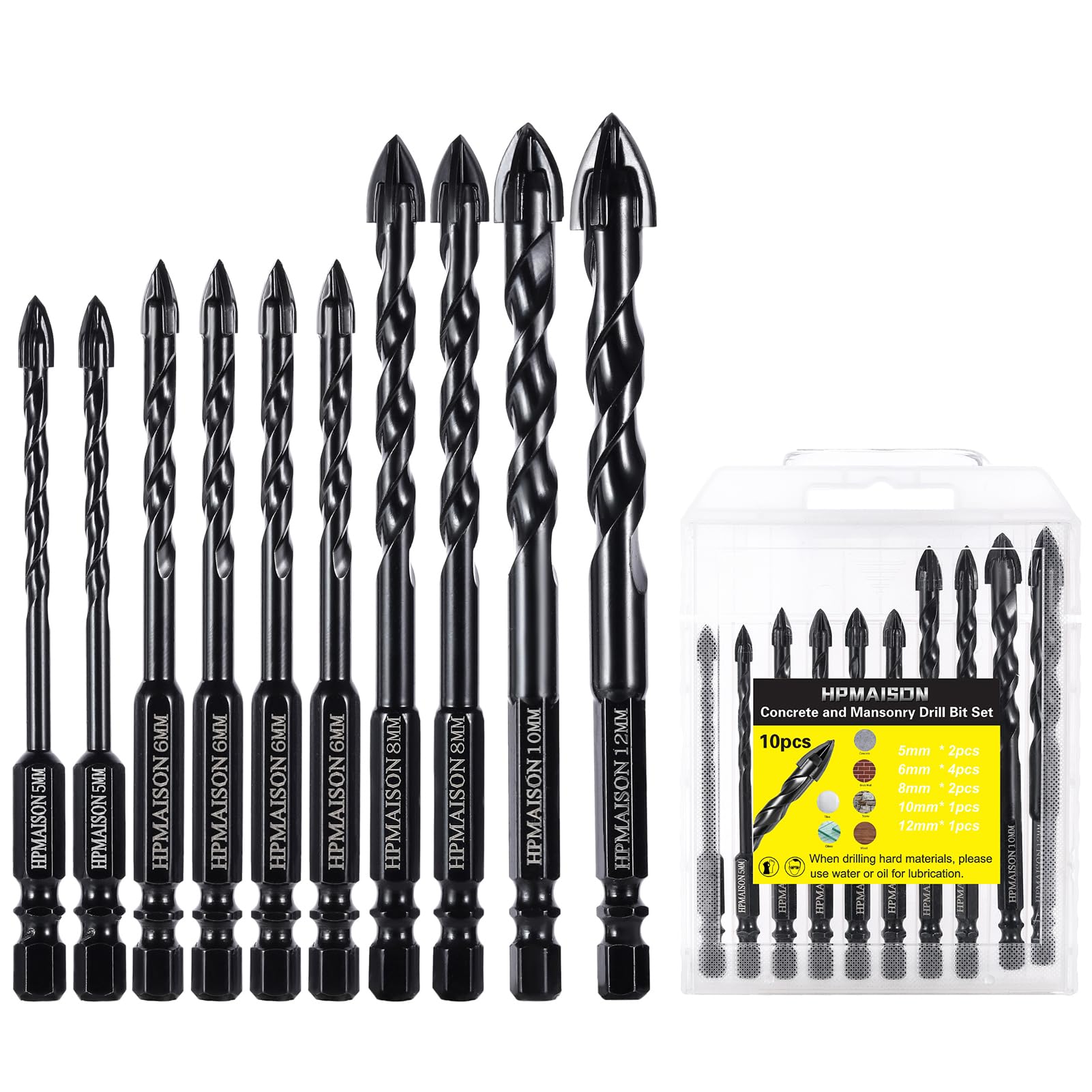 HPMAISON Set of 10 Masonry Drill Bits for Masonry, Tungsten Carbide Tips for Ceramic Tiles, Brick Wall, Concrete, Wall Mirror, Glass, Plastic and Wood (5-12mm)