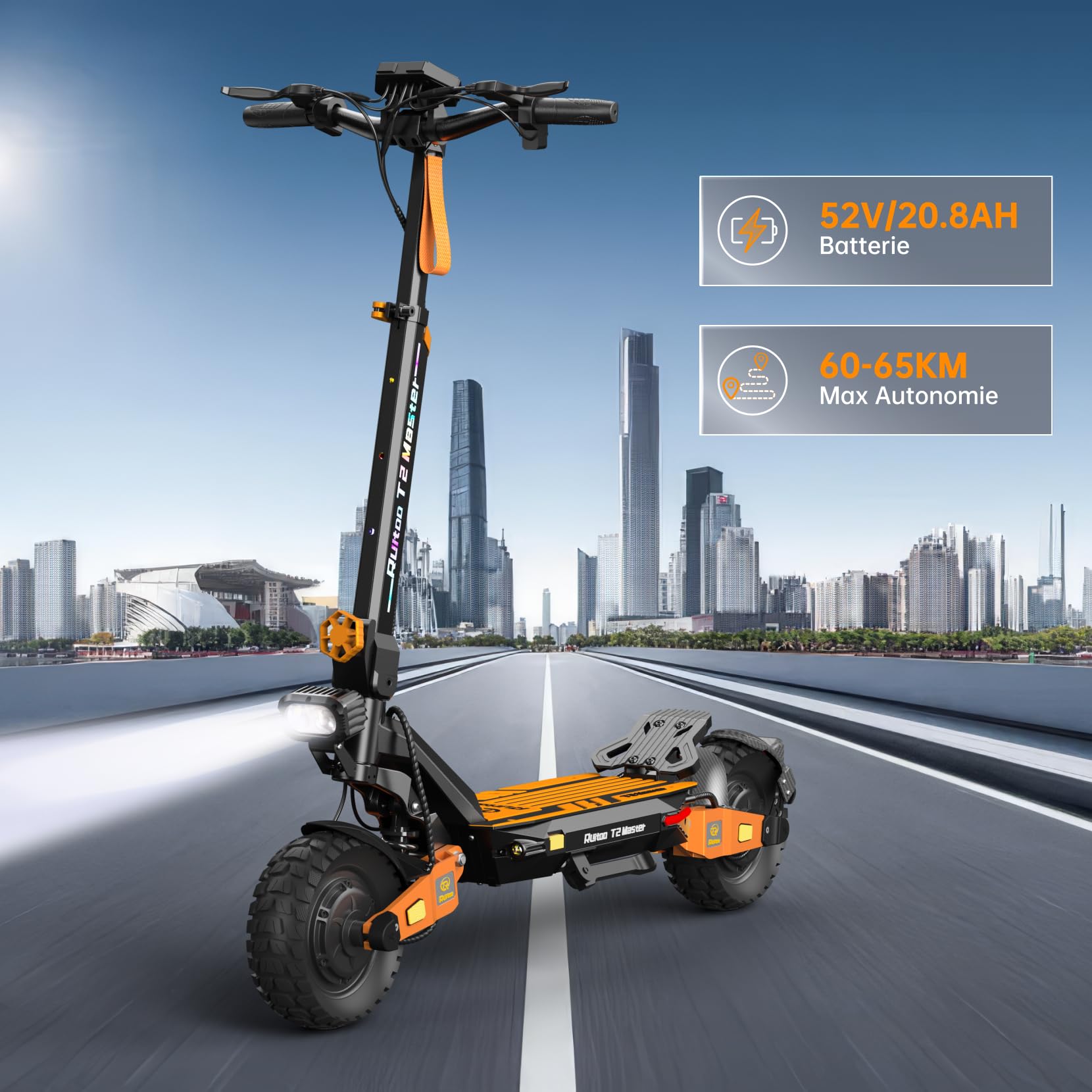 T2 Master Trottinette Électrique, Autonomie Max 65KM, Double Moteur, Batterie 52V 20.8Ah, Pneus Tout-Terrain 10 Pouces, 3 Mode de Vitesse, Affichage Intelligent, Facile à Plier