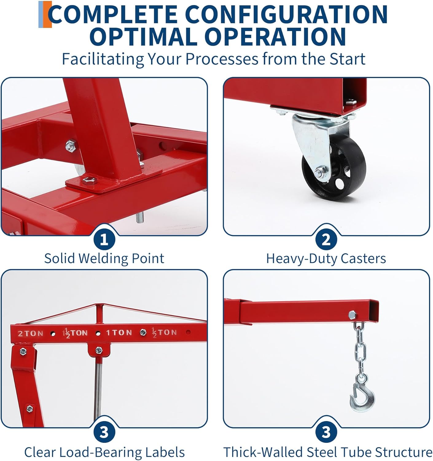 Hydraulic Engine Hoist, 2 Ton Folding Cherry Picker Shop Crane with Telescopic Boom & 6 Casters, Heavy-Duty Engine Hoist Crane Lift for Garage, Workshop, Automotive Repair, Red