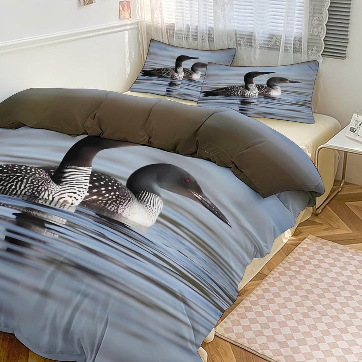 Loon Birds Comforter Set Duvet Cover Bedding Comforter Sets Queen Comforter Set Bedding Set Comforter Cover, 1 Reversible Comforter and 2 Pillow Shams 90"x90"