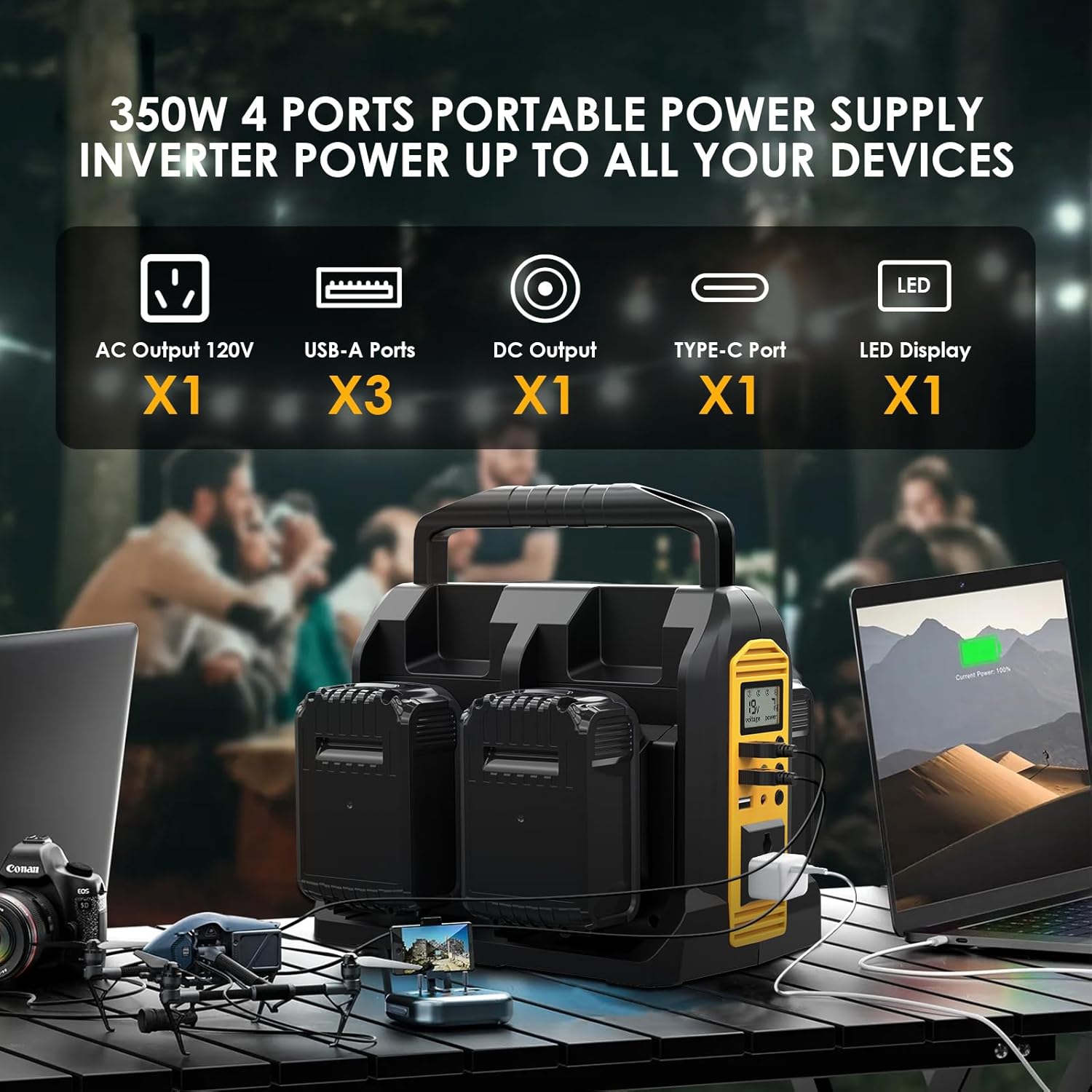 WaxPar Power Inverter Compatible with Dewalt 20V Battery, 350W Outdoor Generators Convert DC 20V to AC 120V Pure Sine Wave Inverter with 6 Output Ports, LED Light for Camping Emergency