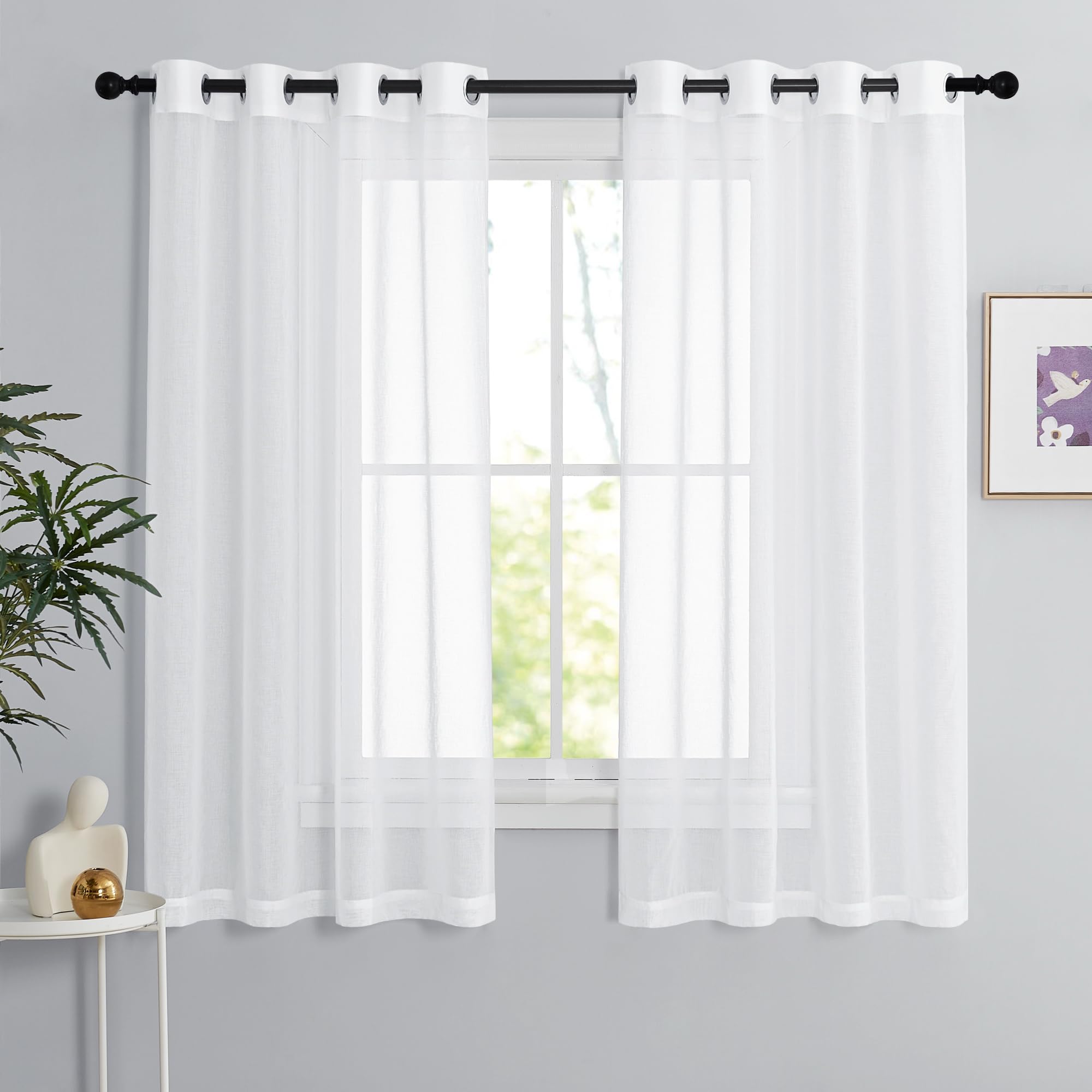 PONY DANCE Cortinas y Visillos Blancos 2 Piezas, Visillos Cortos para Ventanas Salon Dormitorio Cocina 140x160cm Cortinas con Aspecto de Lino Translucidas con Ojales