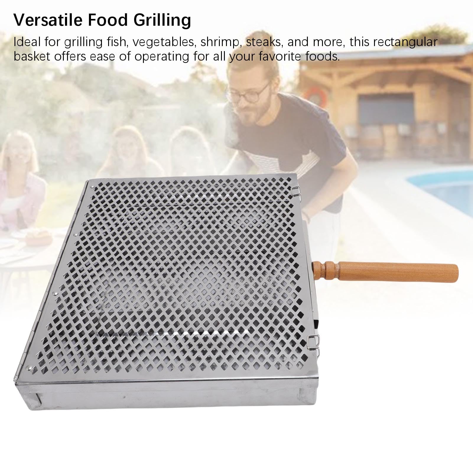 Asixxsix Cestino per Griglia, Cestino per Griglie per Barbecue in Acciaio Inossidabile con Manico in Legno e Divisori Staccabili, Accessori per Barbecue per Verdure, Gamberi, Regali per (singola