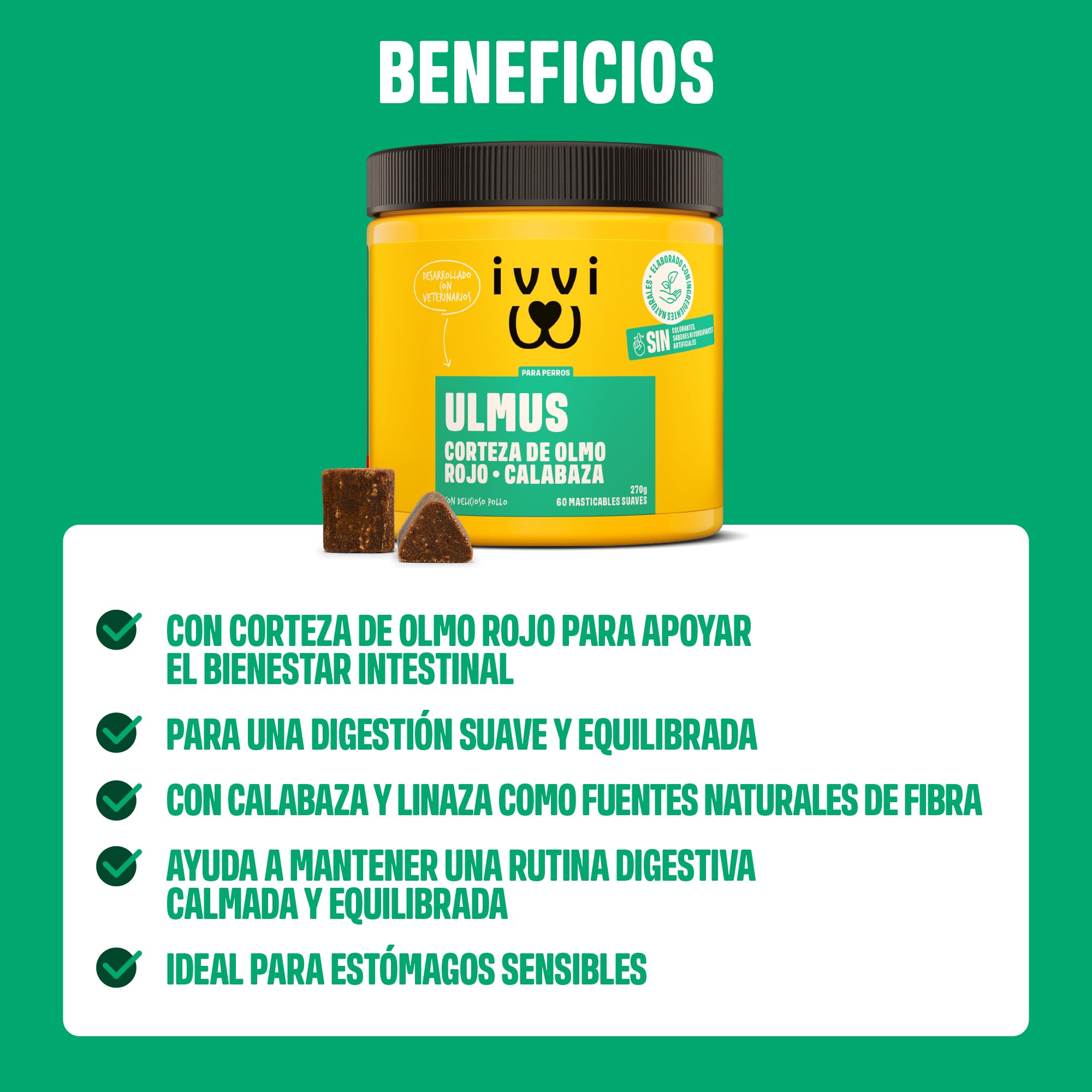 ivvi Ulmus Snacks Digestivos para Perros con Corteza de Olmo, Calabaza y Linaza – Snacks Blandos con Pollo, Apoyo Digestivo Suave, para Estómagos Sensibles, 60 Snacks, 270 g
