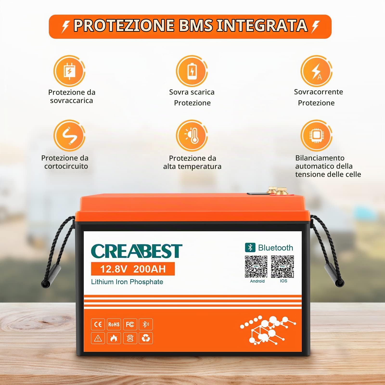 200Ah 12,8V Batteria LiFePO4 con funzione BMS e Bluetooth, scarica profonda, lunga durata, 2560Wh, carica solare, ideale per impianti off-grid, camper, fotovoltaico