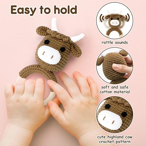 Miniatura 4 de Eunikroko Juguete de dentición de sonajero de vaca de las tierras altas para bebé, anillo de dentición de madera, juguetes para bebés, juguetes