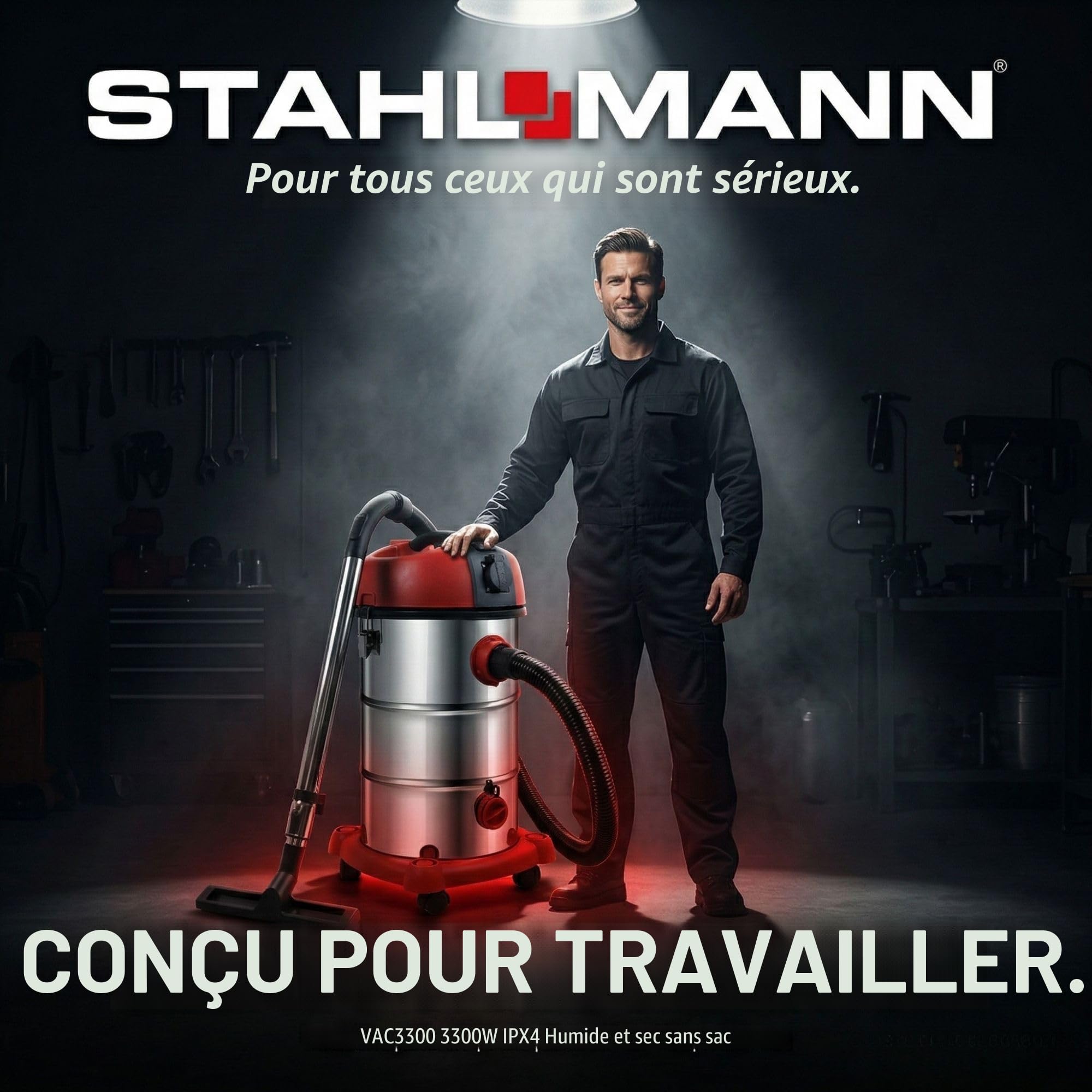 STAHLMANN VAC3300 Aspirateur industriel - Réservoir de 30 l - Prise intégrée - Puissant 3300 W - Avec et sans sac - Fonction soufflage - Connexion machine - Appareil professionnel - Aspirateur