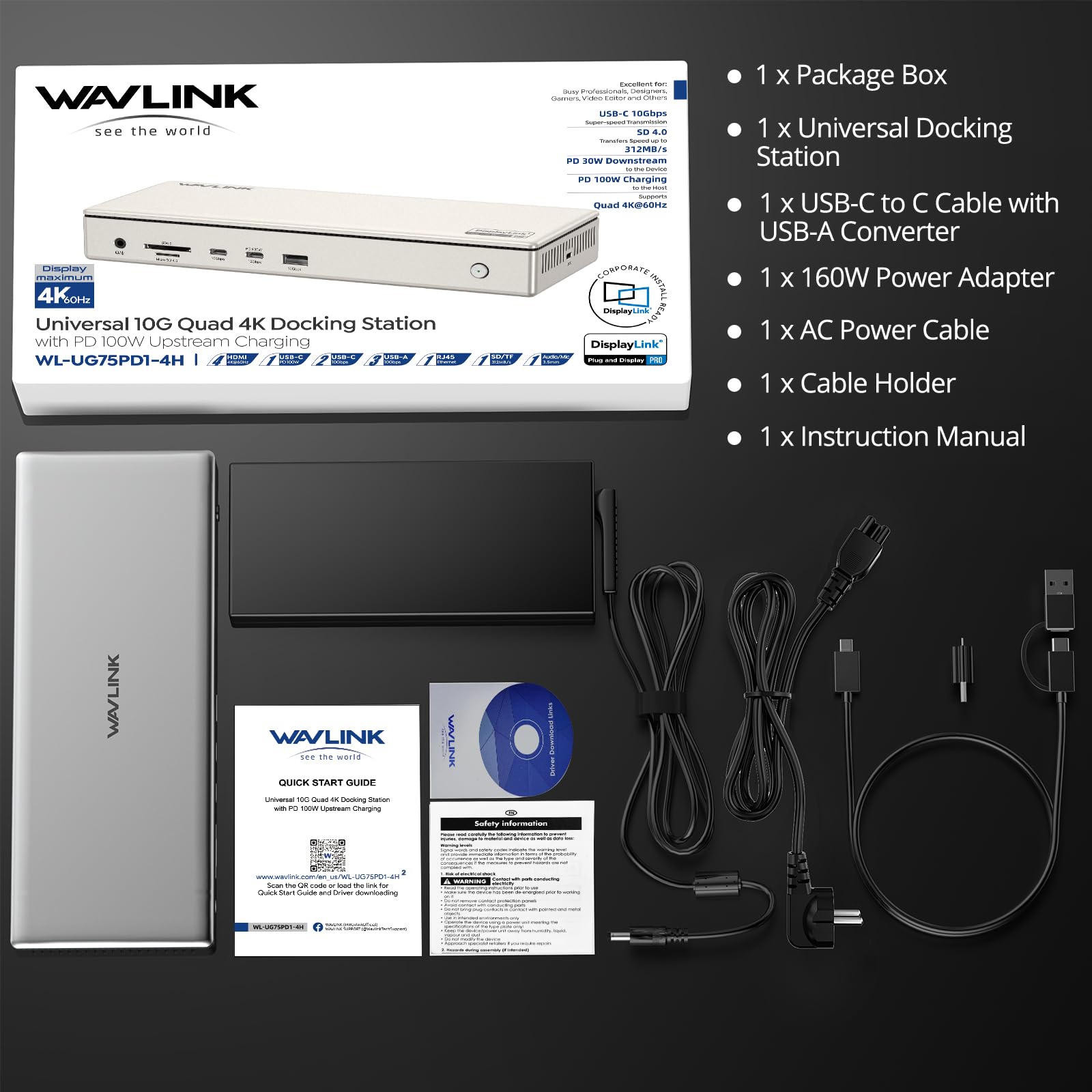 WAVLINK USB-C DisplayLink Premium Docking Station, Compatible with New MacBook Neo, Quad 4K@60Hz per M1/M2/M3 Mac & Windows, 15 in 1 Dock con caricatore da 100 W, LAN 2.5G, USB-A/C 3.2, USB-C PD 30W