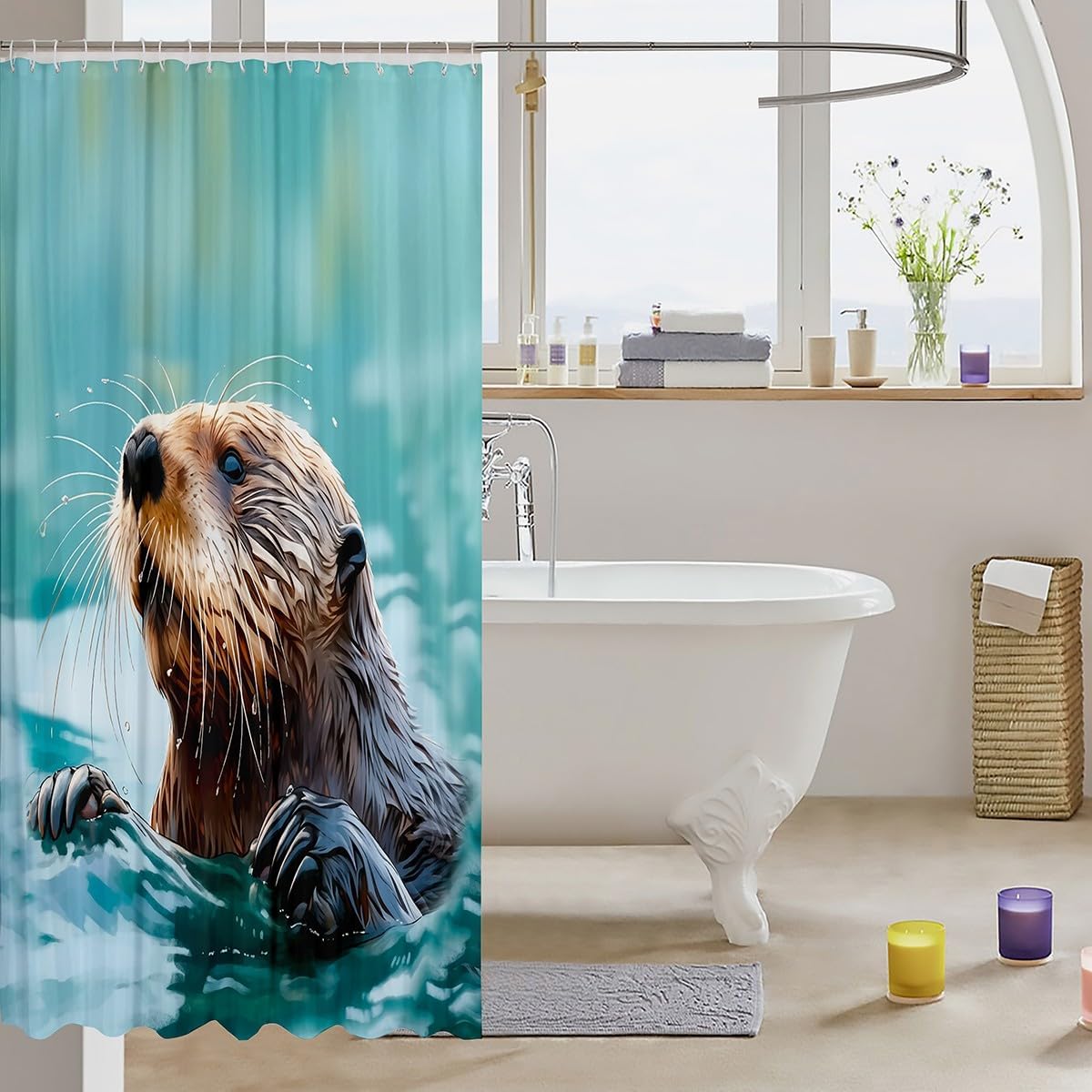 Sea Otter Waterproof Shower Curtains Ocean Underwater Animal Pattern Fabric Bathroom Shower Curtain Boys Girls Marine Life Themed Shower Curtain with Hooks Nature Theme Decor Curtain,72x84 Inches