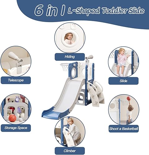 Miniatura 2 de Juego 6 en 1 para niños pequeños con tobogán, tobogán para niños con aro de baloncesto, pelota, lanzamiento de anillo, juguetes para interiores y