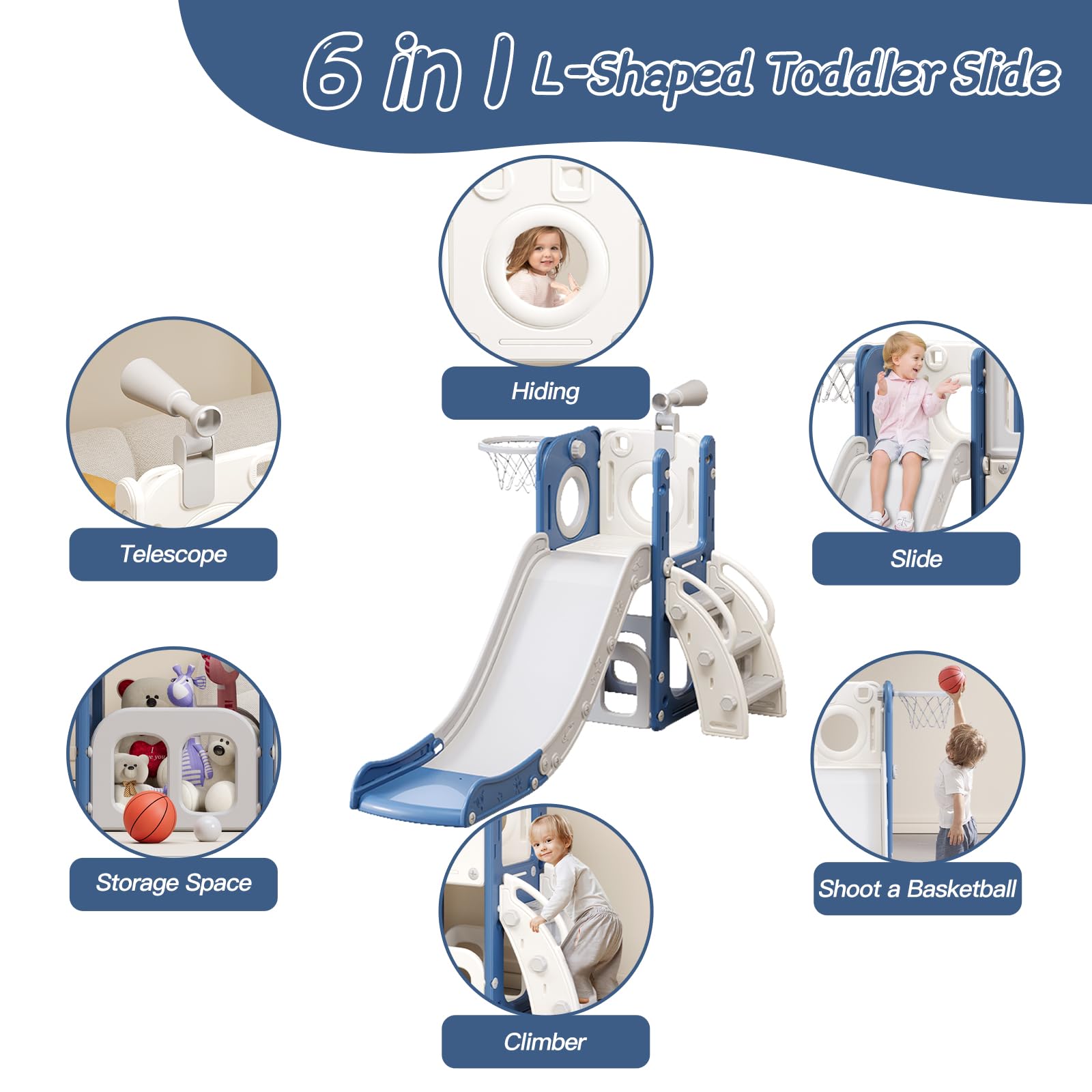 YUYUE 6 in 1 Toddler Slide for Toddlers Age 1-3, Extra-Long Slide with Basketball Hoop Indoor and Outdoor Baby Climber Playset Playground Freestanding Slide (White+Blue)