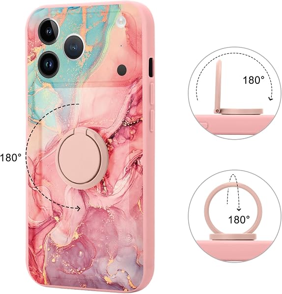 Yoedge Kickstand Phone Case for iPhone 17 Pro Max 6.9",360°Rotatable Magnetic Ring Holder Cases,Full Body Shockproof Silicone Back Cover with Built-in Screen Protector,Pink Marble Pattern - 3