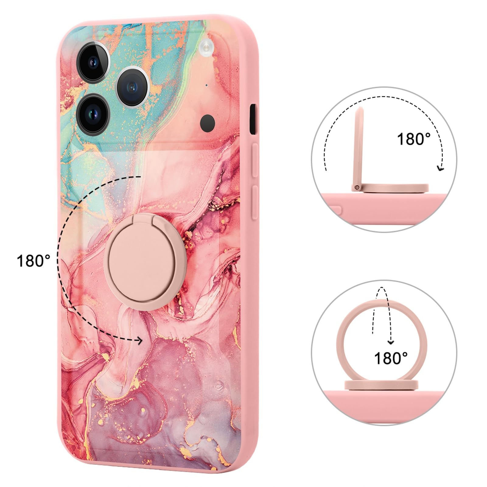 Yoedge Kickstand Phone Case for iPhone 17 Pro Max 6.9",360°Rotatable Magnetic Ring Holder Cases,Full Body Shockproof Silicone Back Cover with Built-in Screen Protector,Pink Marble Pattern — view 3