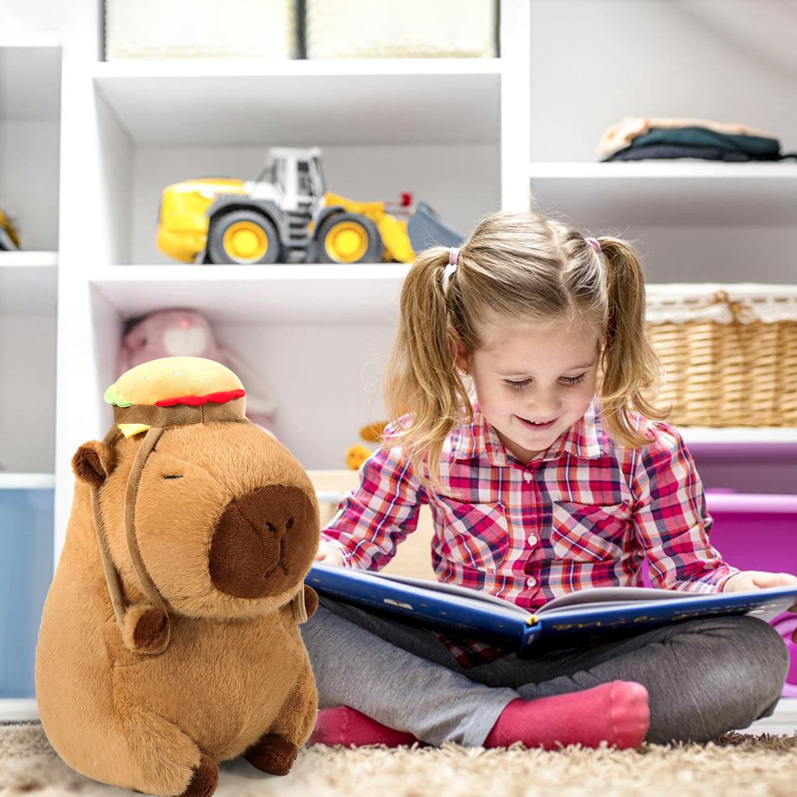 Ditucu Cute Capybara Plush with Hamburger Backpack Soft Capibara Stuffed Animal Plushies Toys Hugging Gifts for Kids Brown 9 inch