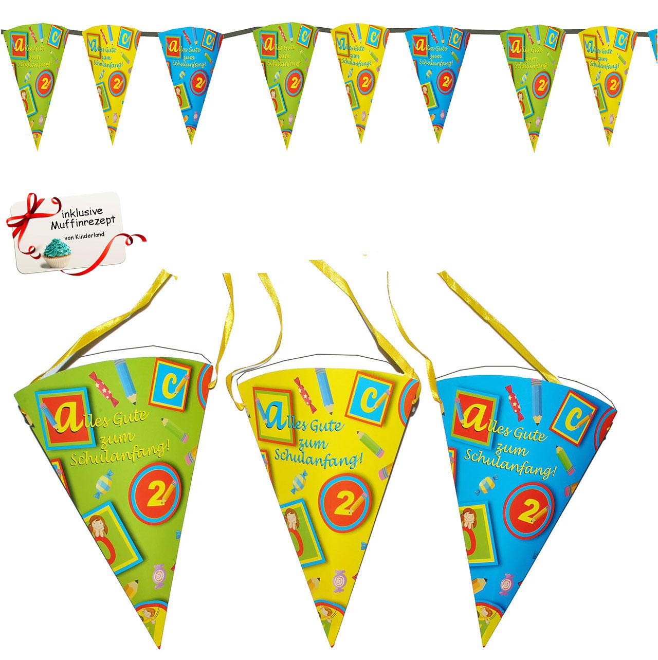 10 Stück XL 3-D Girlande - BEFÜLLBAR - Alles Gute zum Schulanfang - Kinder/Partykette - Wimpelkette - Party - Schuleinführung Schule - Schulbeginn FES..