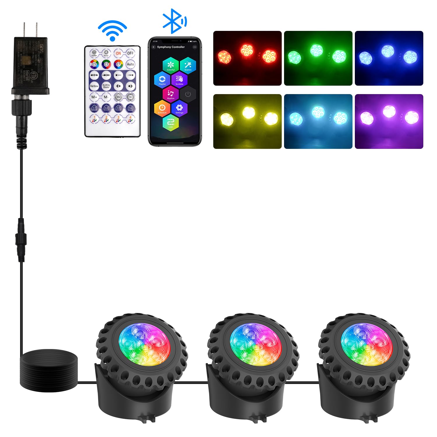 T-SUN Colored Pond Lights with Timer, LED Underwater Submersible Fountain Fish Tank Landscape Lights - Bluetooth APP & Remote Control, IP68 Waterproof (Set of 3)