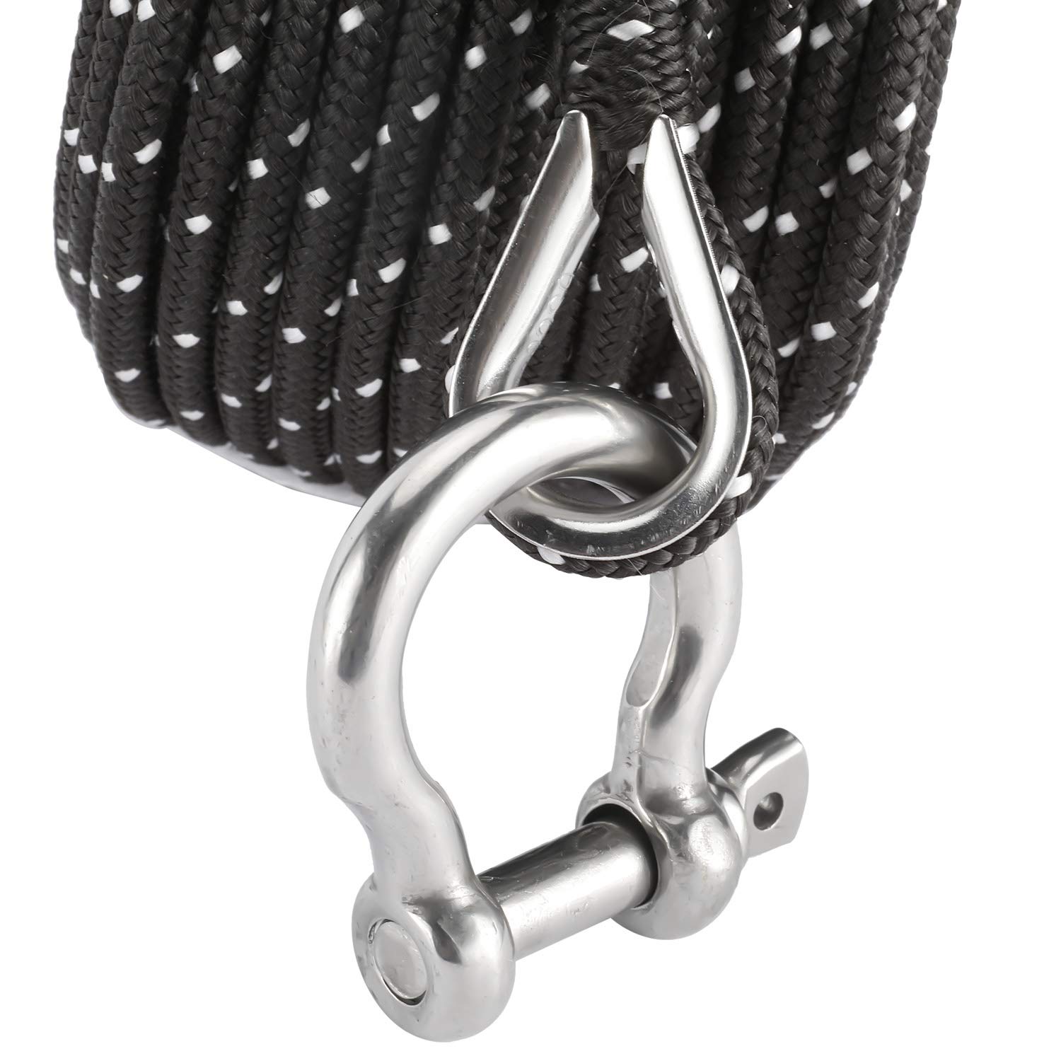 NovelBee 3/16 Inch X 100 Feet Double Braid Nylon Anchor Line with Stainless Steel Thimble and Hook (Black/White)