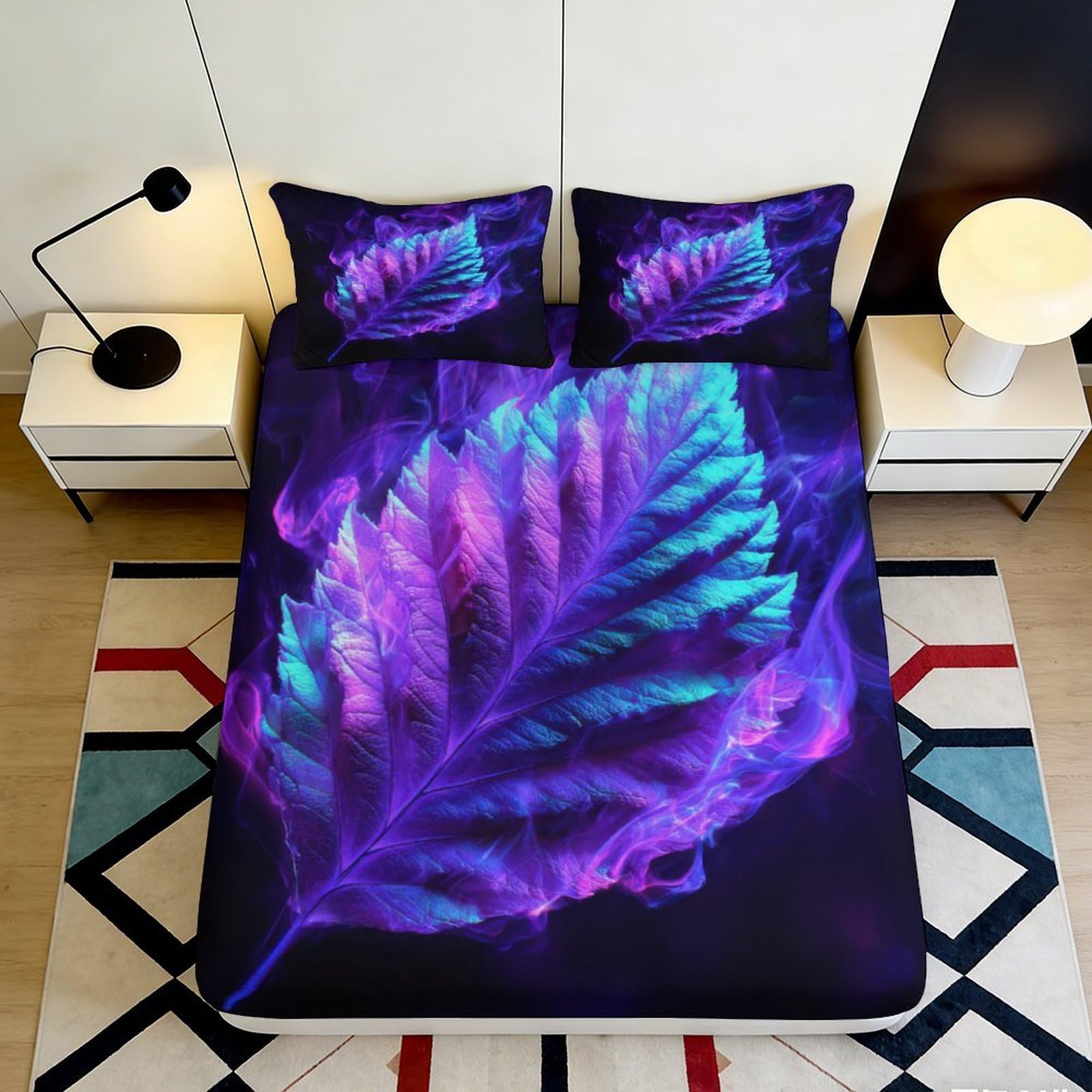 Decorative 3D Printed Fitted Sheet Purple Leaf, Microfiber Soft Touch, Bed Cover for Bedroom, Guest Room Bedding, Easy Care, Dustproof, Wrinkle Resistant 90x200x25cm