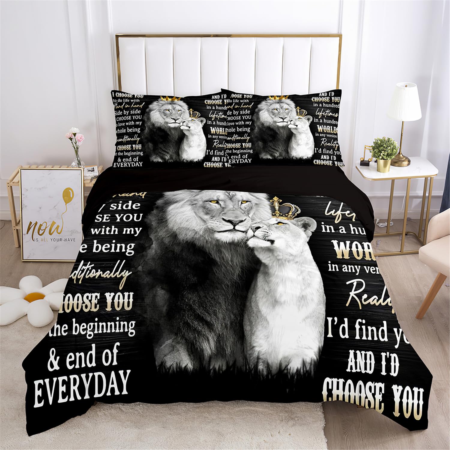 Housse de Couette 220x240 Lion Parure de Lit Romantique pour Chambre Adulte Ambiance Saint Valentin