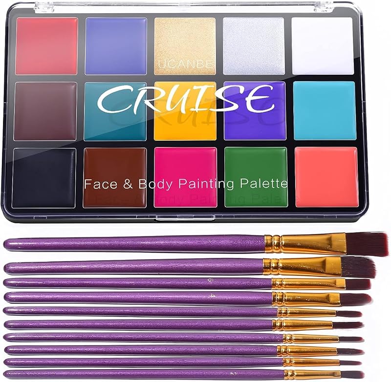 UCANBE Face Body Paint Oil Palette + 10 Pcs Brushes Set, Professional 15 Colors Face Painting Makeup Kit for Halloween Cosplay SFX Parties Theater Stage Artist Costume Festival