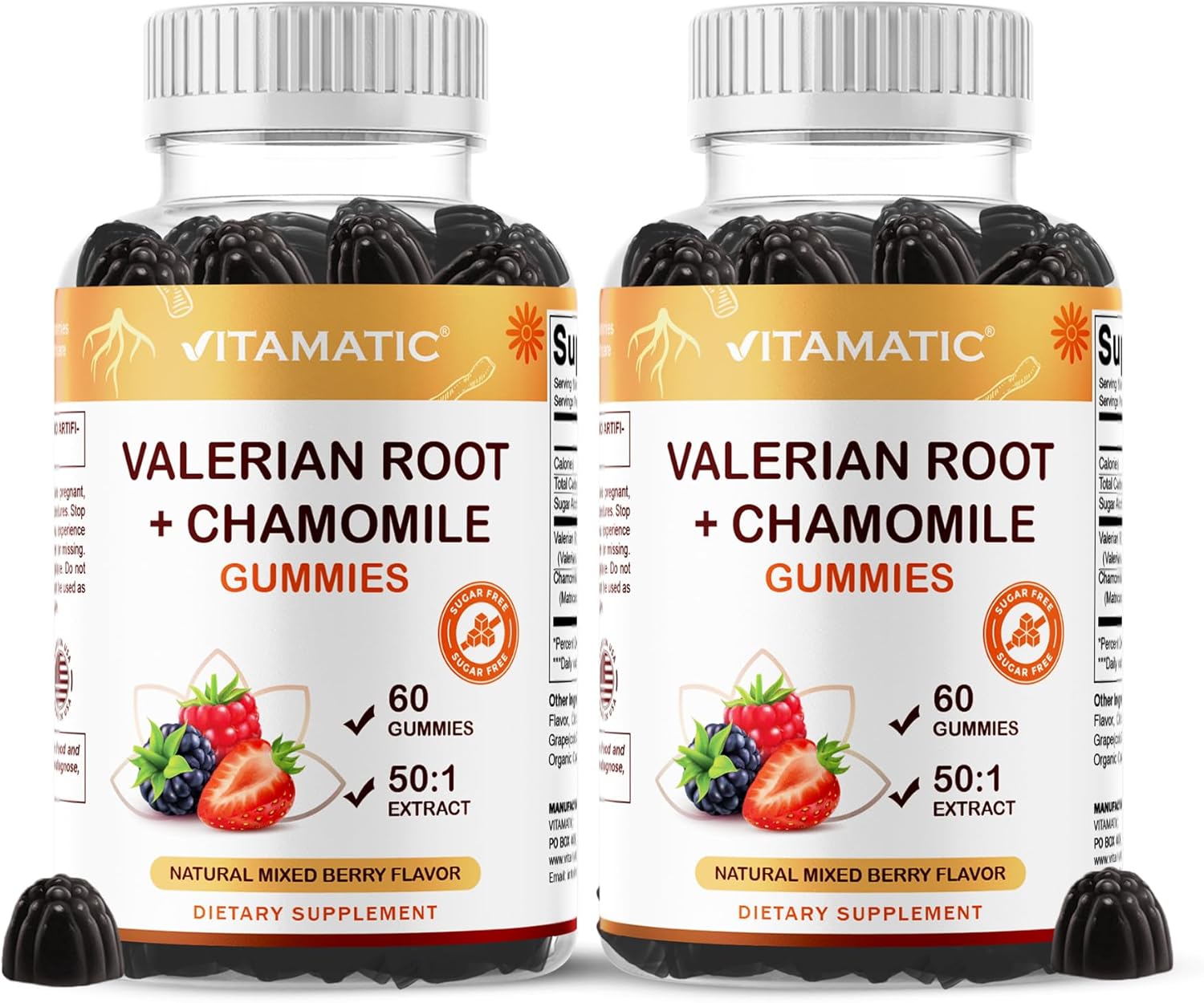 Vitamatic Valerian Root & Chamomile Gummies – Plant-Based Botanical Extract – Mixed Berry Flavor – Vegan, Non-GMO, Gluten-Free – Herbal Supplement – 60 Count (120 Count)