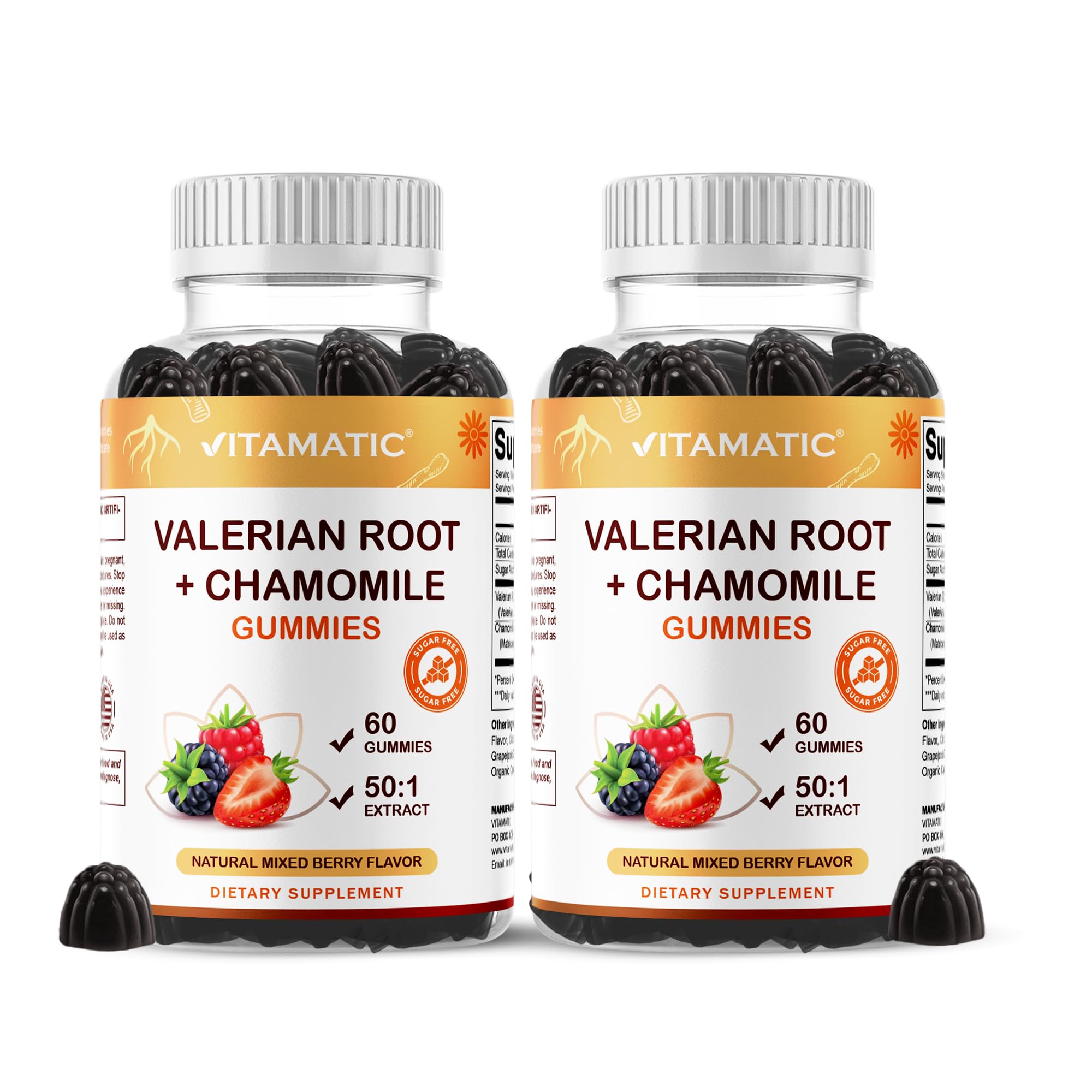 Vitamatic Valerian Root & Chamomile Gummies – Plant-Based Botanical Extract – Mixed Berry Flavor – Vegan, Non-GMO, Gluten-Free – Herbal Supplement – 60 Count (120 Count)
