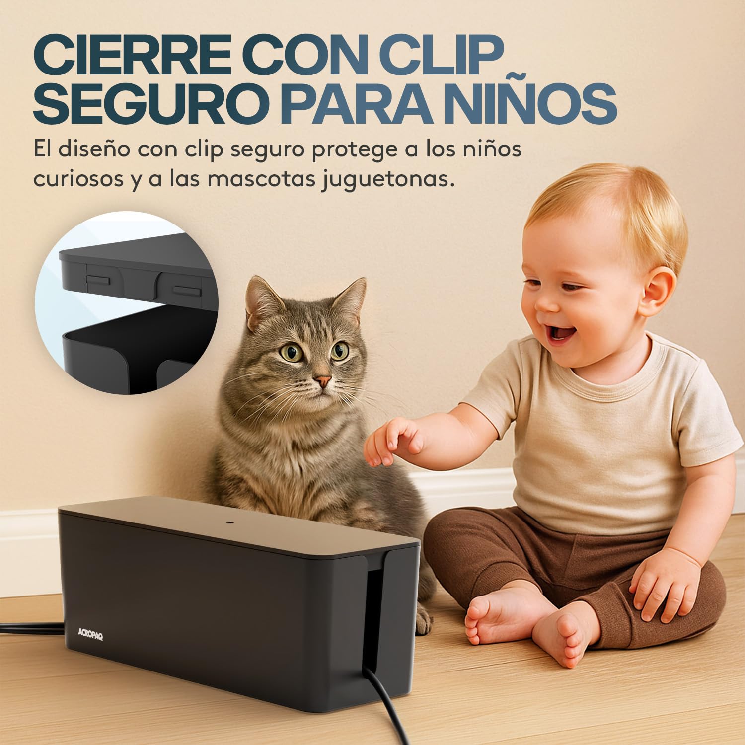 ACROPAQ Caja Porta Cables - Grande (40,6 x 15,6 x 13,4 cm), Caja para la gestión de Cables para esconder Cables y enchufes, Plástico, Negro - Caja Cables, Organizador de Cables