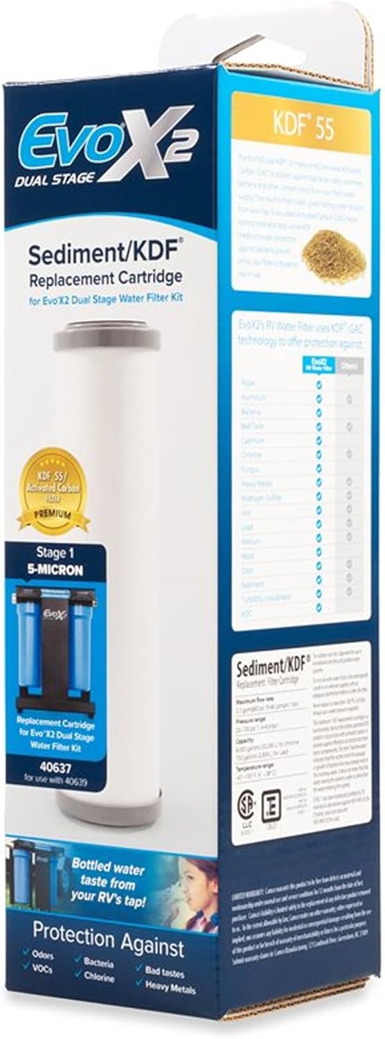 Camco EVO 5-Micron Water Filter Replacement Cartridge - Significantly Reduces Sediment, Taste, Odor and Chlorine - Prolongs Your Carbon Block Filter (40637)