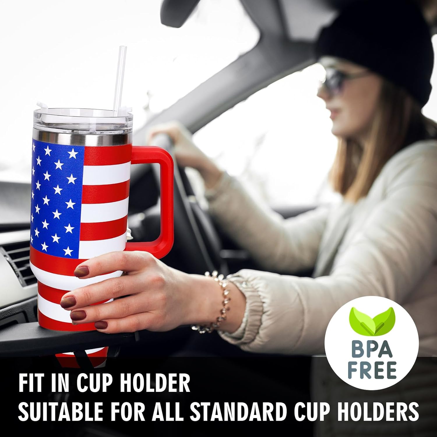 Whaline 40oz 4th of July Patriotic Tumbler with Handle Straw and Lid Red Blue Stars Stripes USA Flag Travel Tumbler Independence Day Coffee Cup for Holiday Birthday Party Favors - Image 6